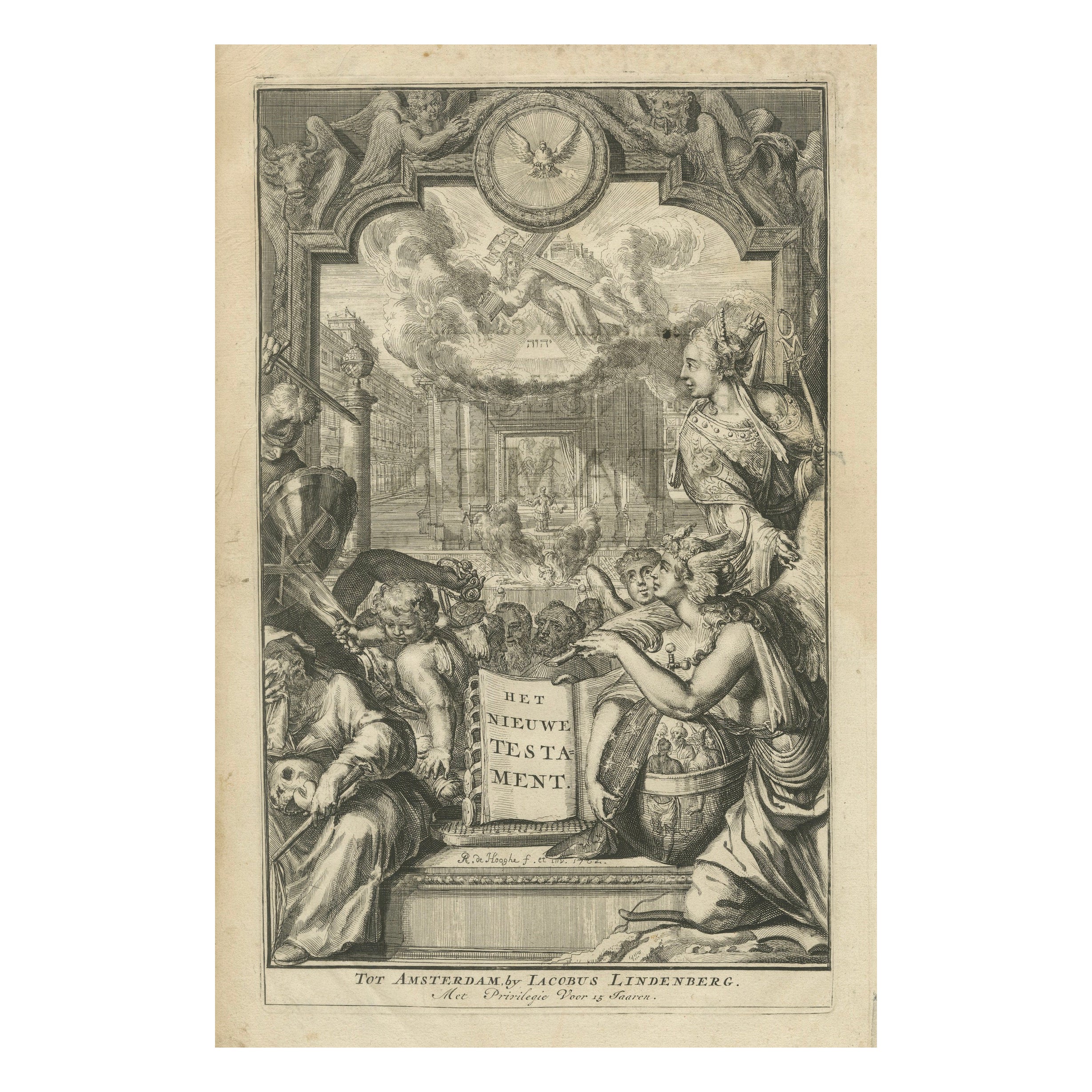 New Testament Title Page Engraving, Dutch Baroque, Circa 1703 For Sale