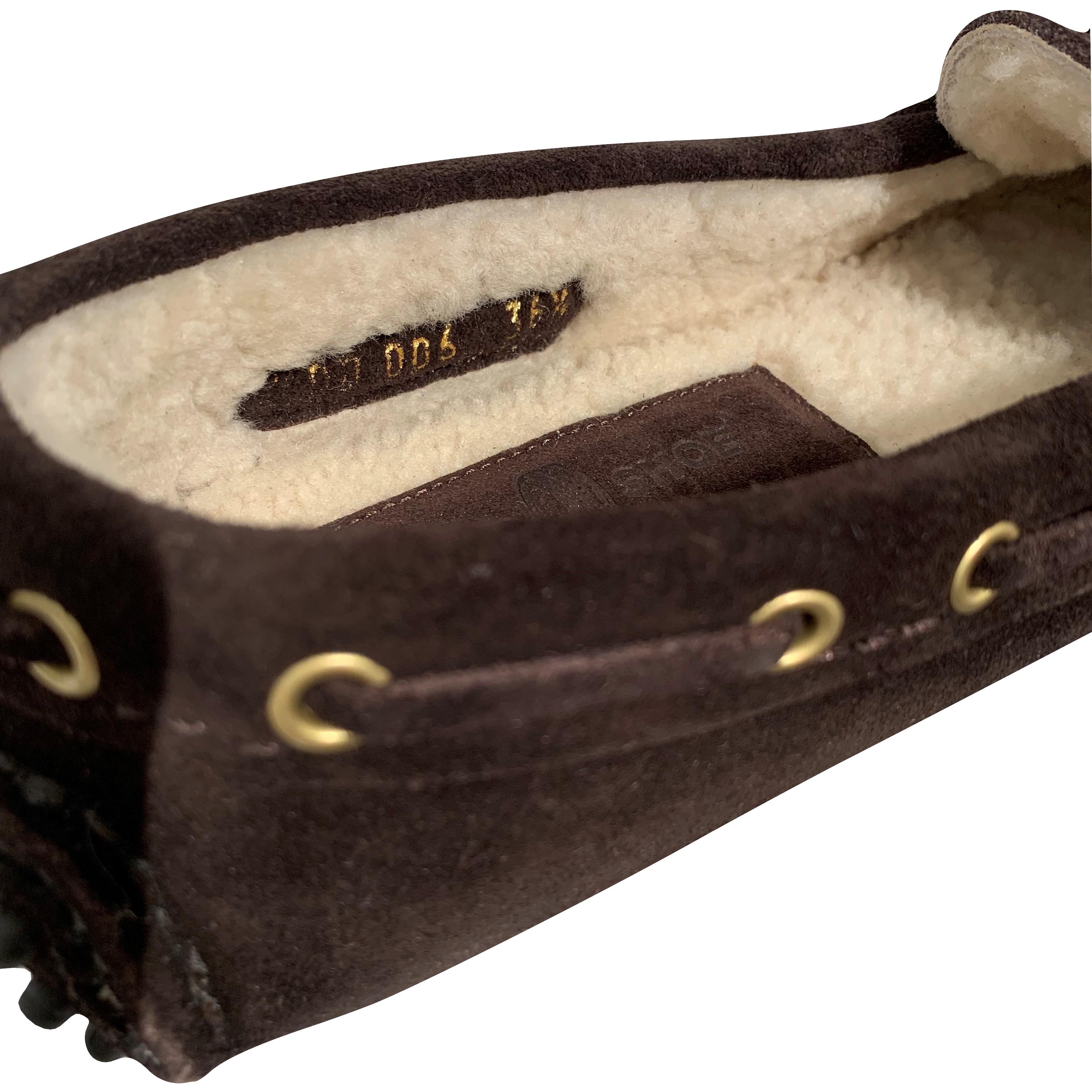 The Original Car Shoe by Prada
Vintage
Brand New
* Dark Chocolate
* Suede
* Shearling Lining
* Gold Hardware
* Bow Toe
* Flat Heel
* Rubber Bumper Sole
* With Box & Dust Cover