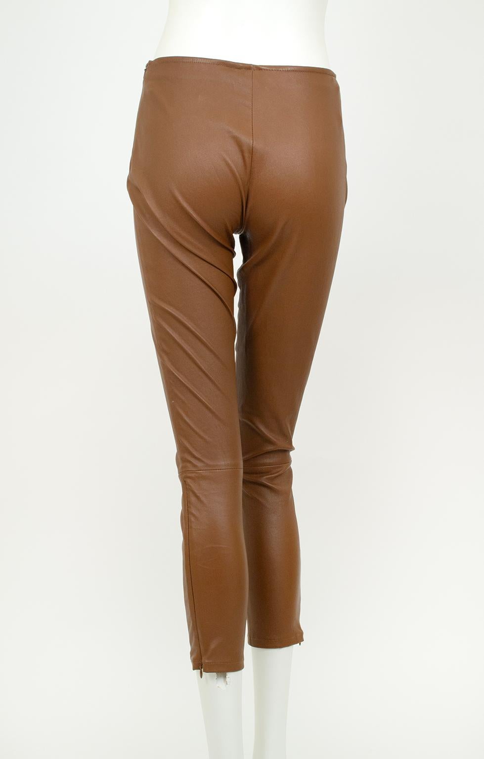 Women's New The Row Ellerton Brown Leather Ankle Zip Stretch Moto Leggings – XS-S, 2011 For Sale