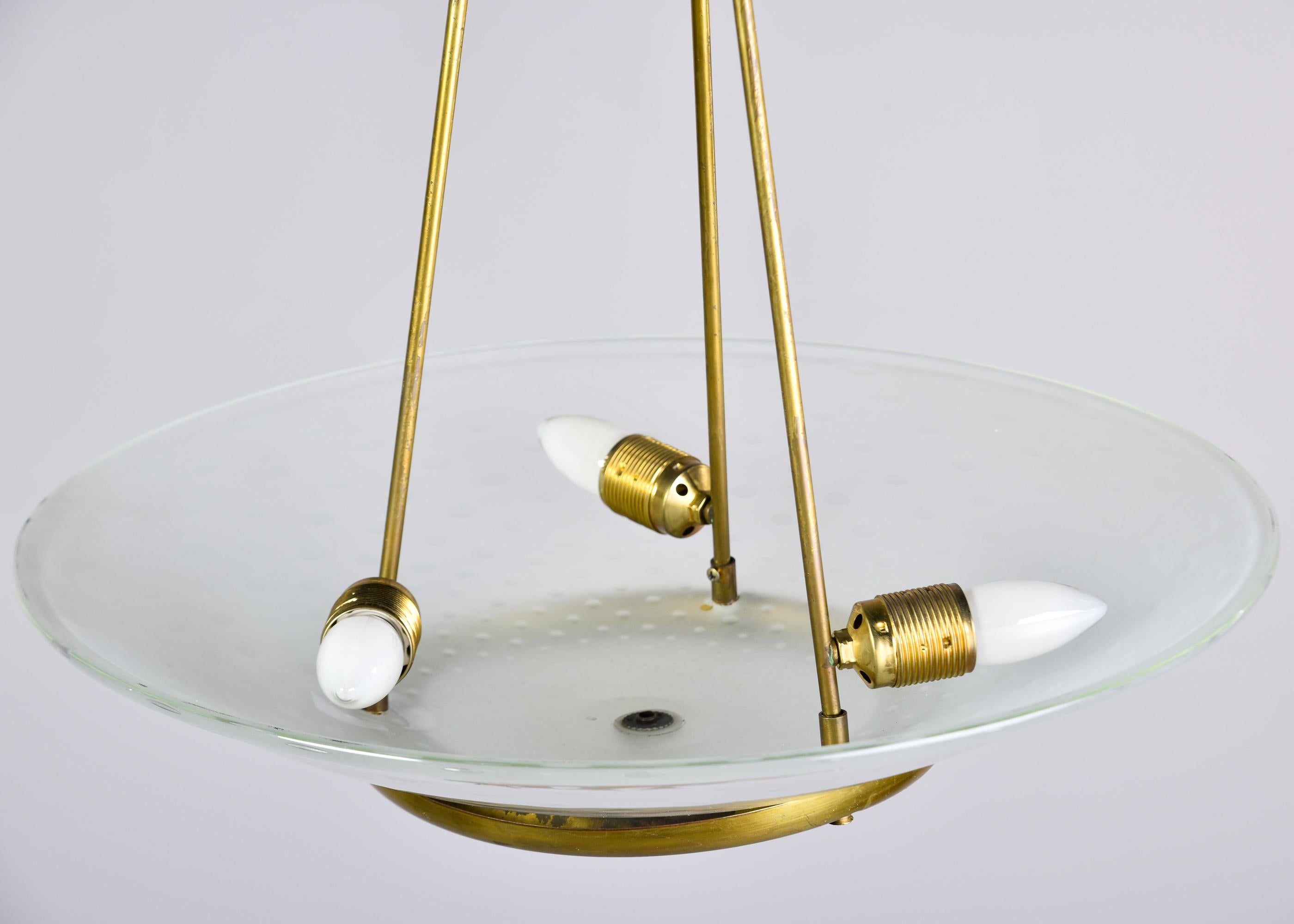 New Three Light Vecchio Chandelier in Brass with Murano Bubble Glass Shade For Sale 5