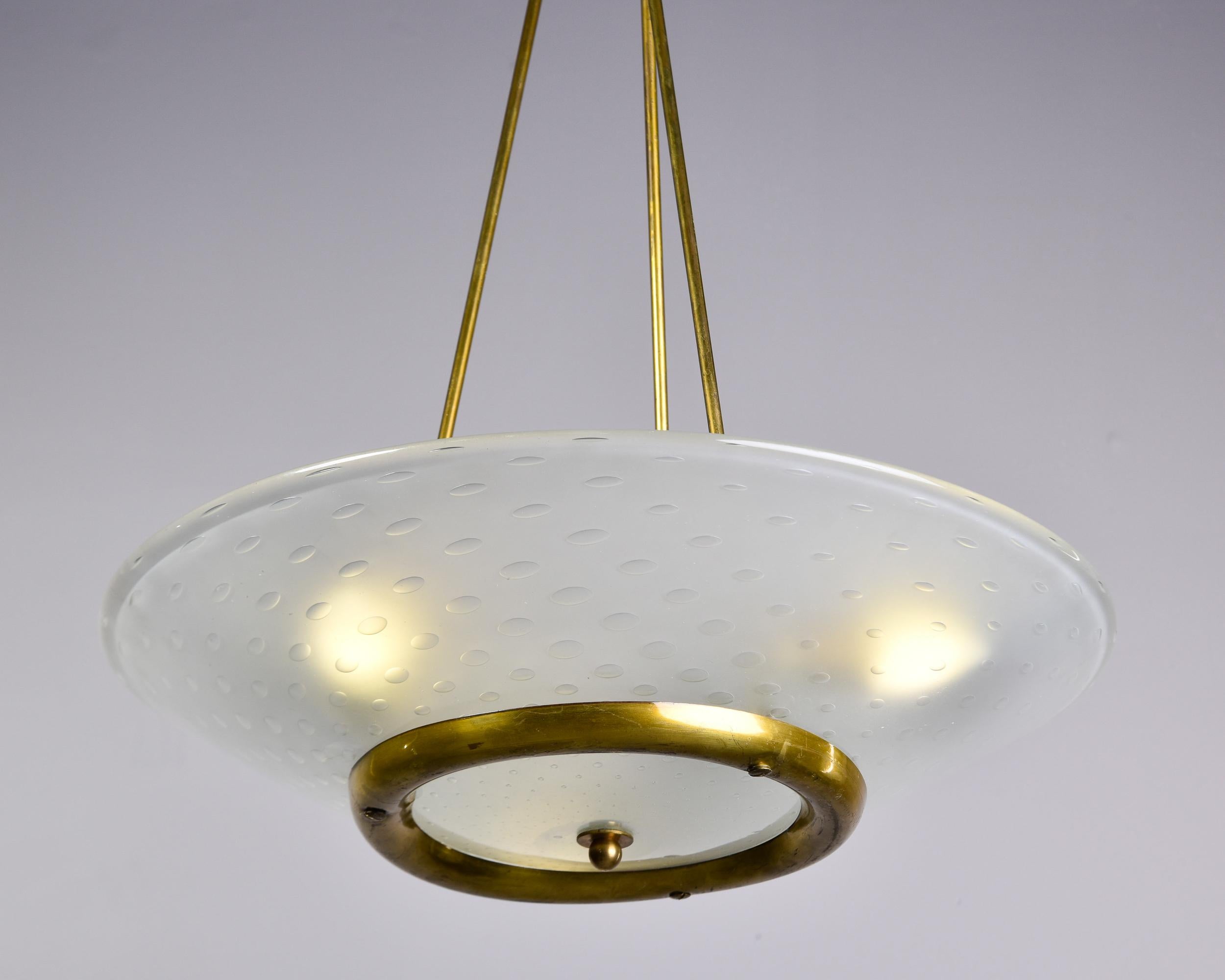 Mid-Century Modern New Three Light Vecchio Chandelier in Brass with Murano Bubble Glass Shade For Sale