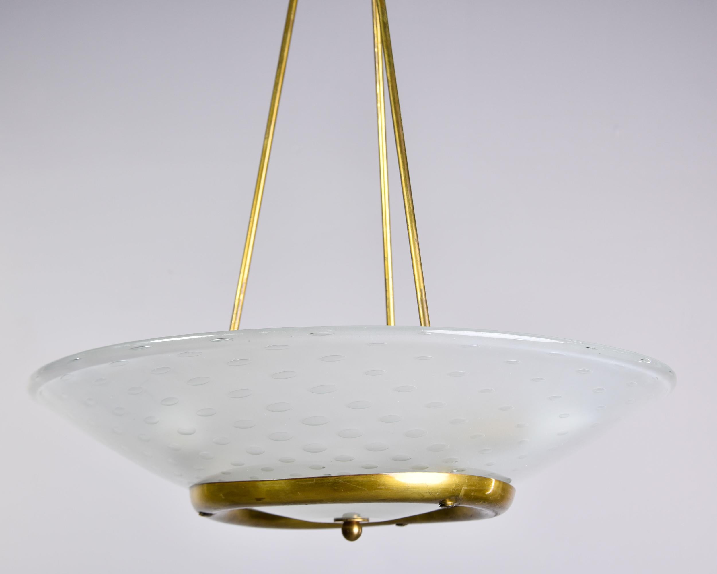 Contemporary New Three Light Vecchio Chandelier in Brass with Murano Bubble Glass Shade For Sale