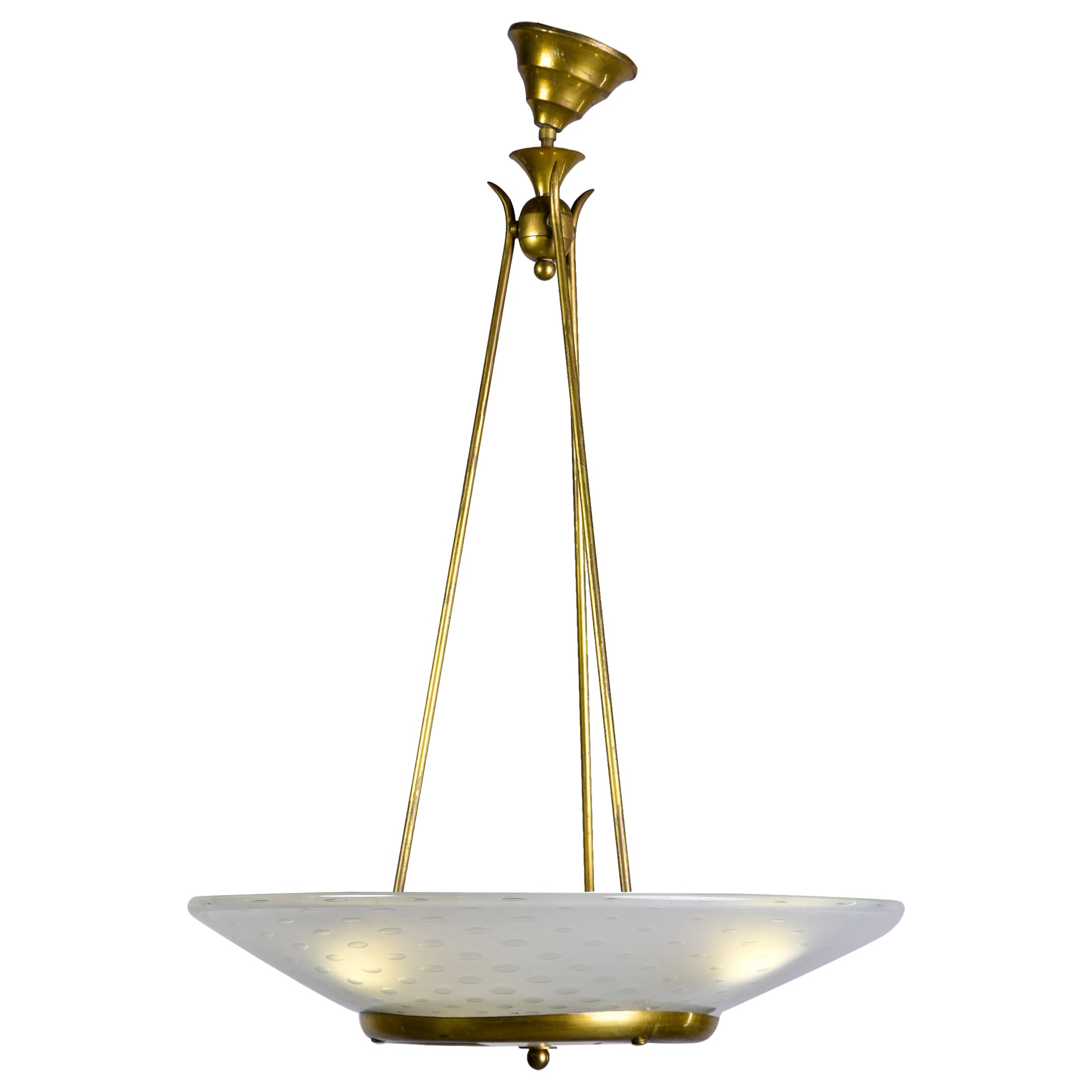 Nuovo lampadario Vecchio a tre luci in ottone con paralume in vetro a bolle di Murano in vendita