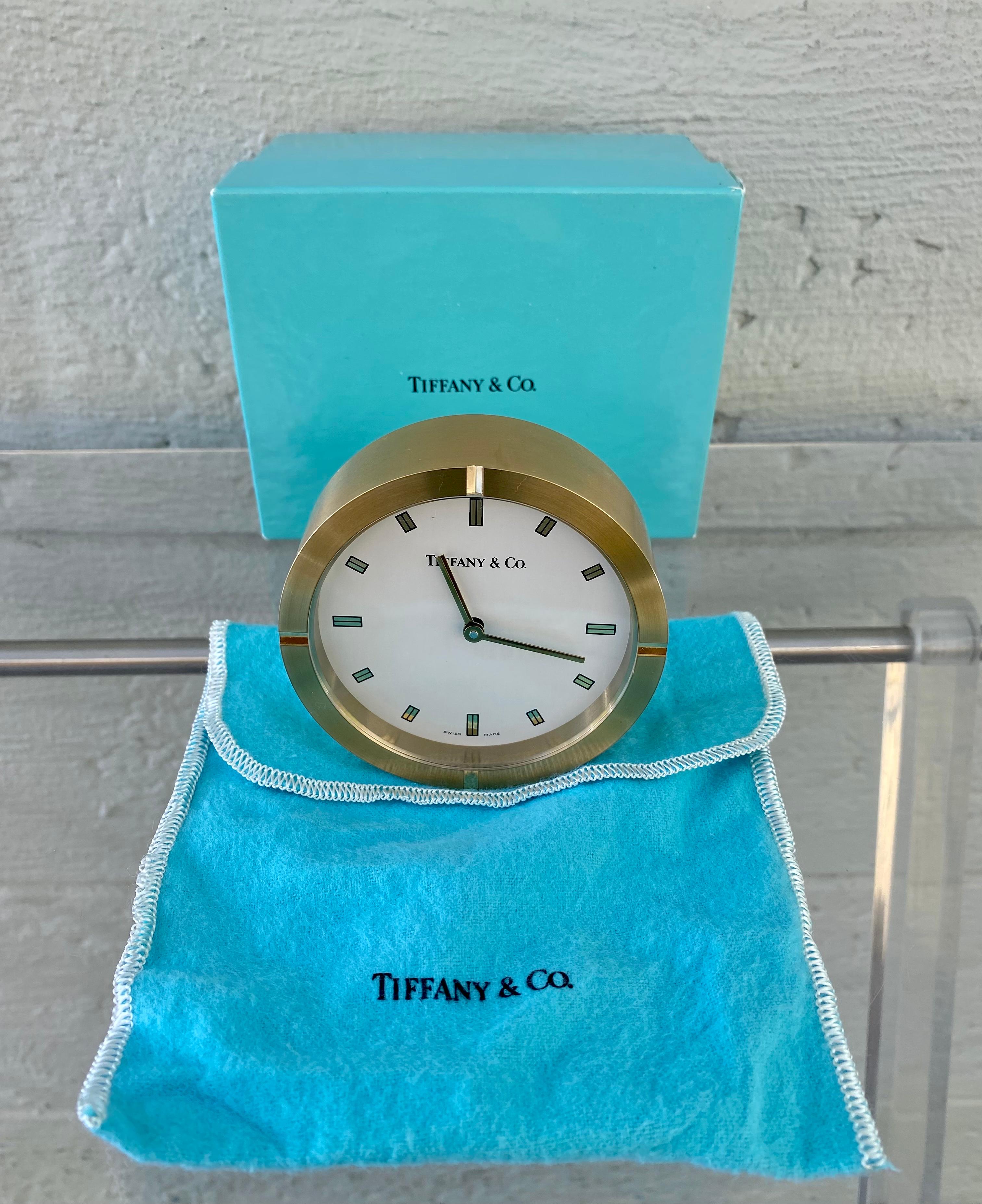 Brown New Tiffany & Co Brass Swiss Made Desk Clock