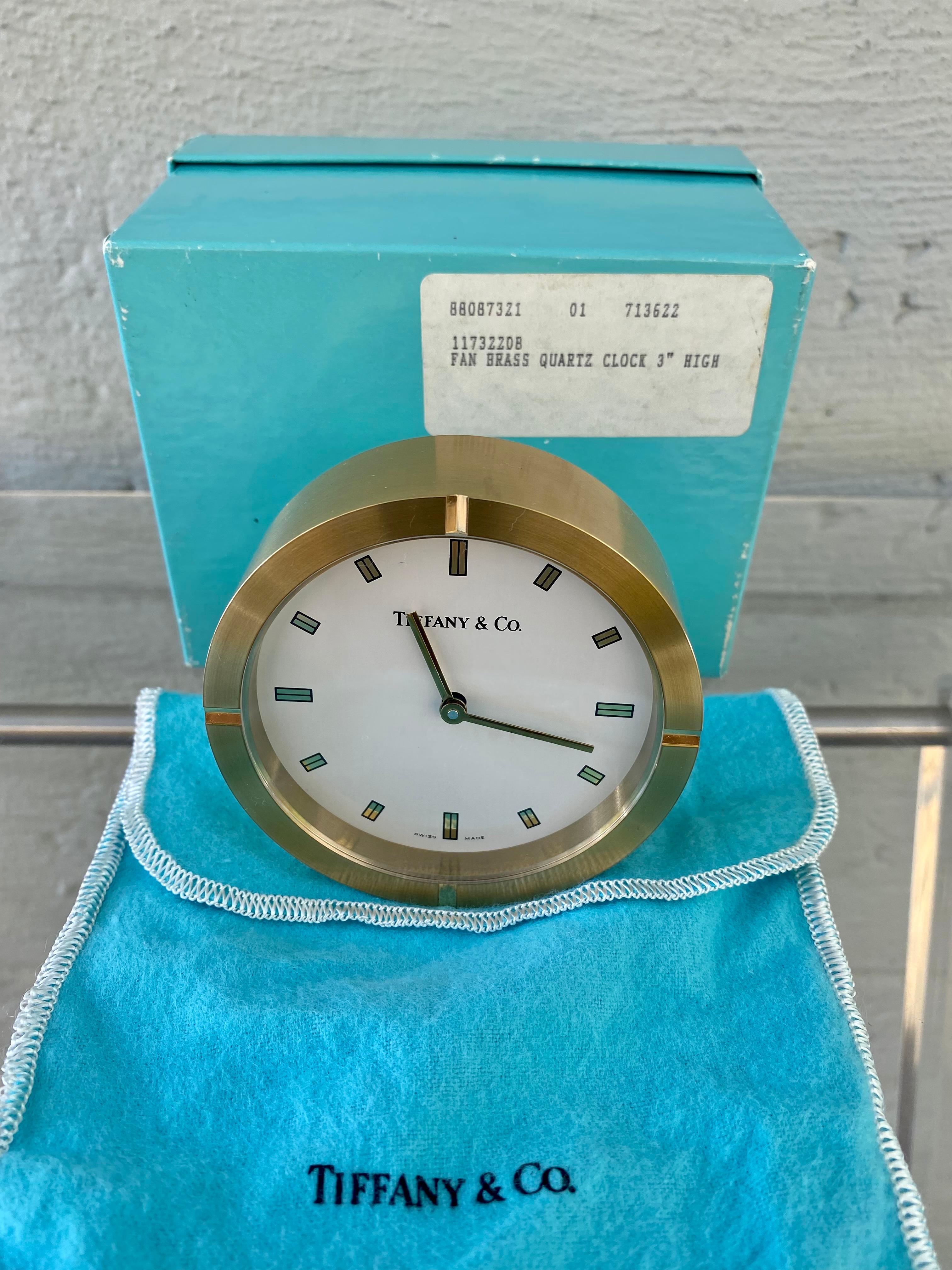 New Tiffany & Co Brass Swiss Made Desk Clock In New Condition In Fort Lauderdale, FL