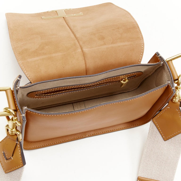 new TOD'S 2022 Timeless gold T brown leather canvas strap mini