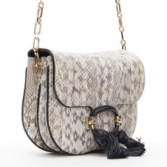 new TOD'S T-Ring Mini grey scaled leather black tassel gold chain crossbody bag