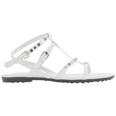 new TOD'S white leather silver studded gladiator ankle strap flat sandals EU37.5
