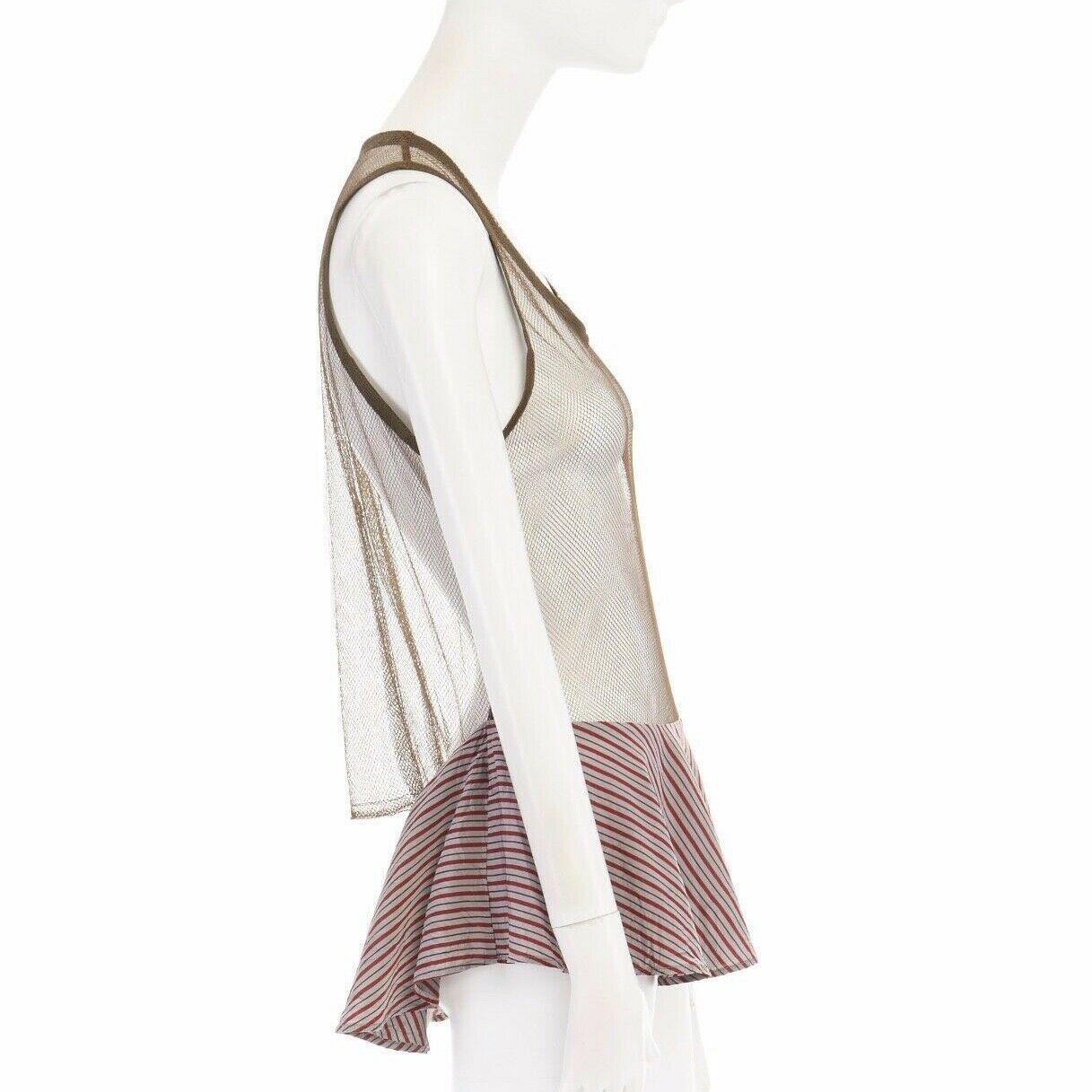 Women's new TOGA PULLA khaki green mesh striped nylon ruffle hem tank top vest IT38 XS