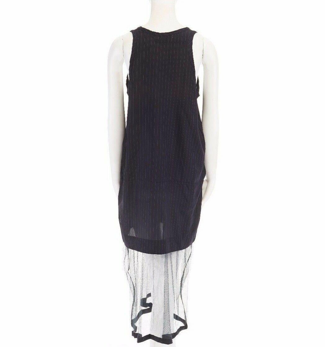 new TOGA PULLA navy pinstripe cupra green attached mesh hem midi dress IT38 XS
Designer: Toga Pulla
Material: Cupra, nylon
Color: Navy blue 
Description: Pinstripe Cupra . Scoop neckline . Sleeveless . Forest green nylon mesh attached hem
Made in