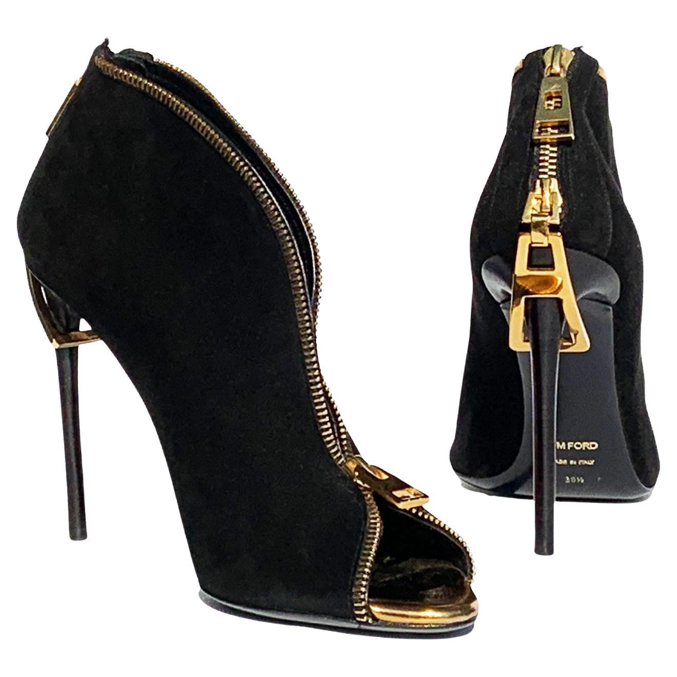 New Tom Ford Black Gold Suede Zipper-Heel Zip-Front Bootie Italian 38.5 -  US 8.5 For Sale at 1stDibs | black and gold heels, black heels with gold,  italy shoe size to us