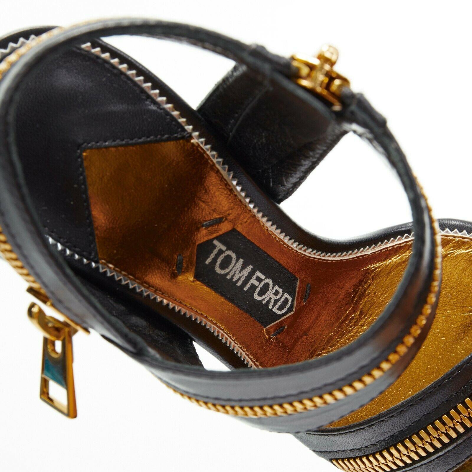 new TOM FORD black gold XL zipper design dual strap metal pin heel sandal EU36 3