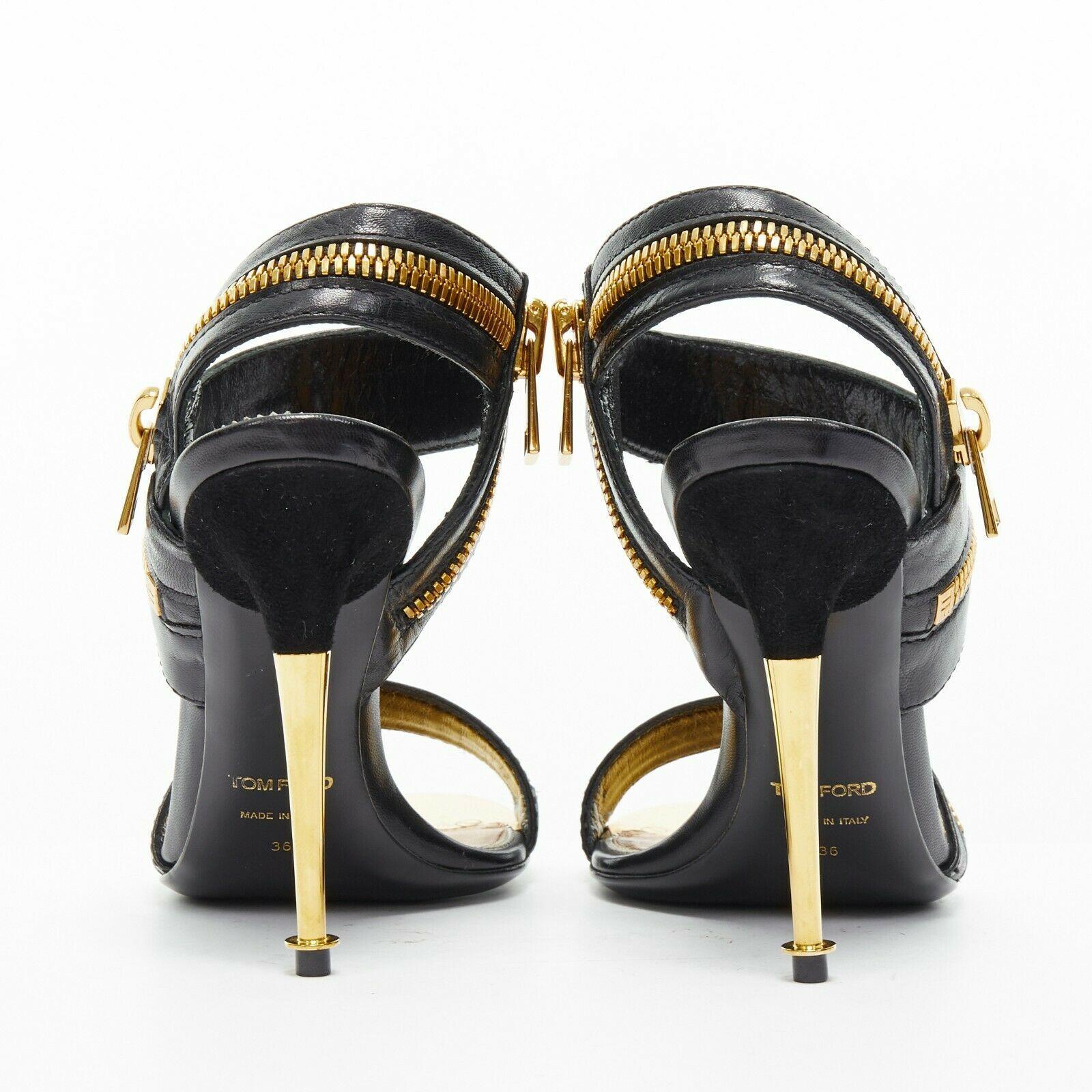Black new TOM FORD black gold XL zipper design dual strap metal pin heel sandal EU36