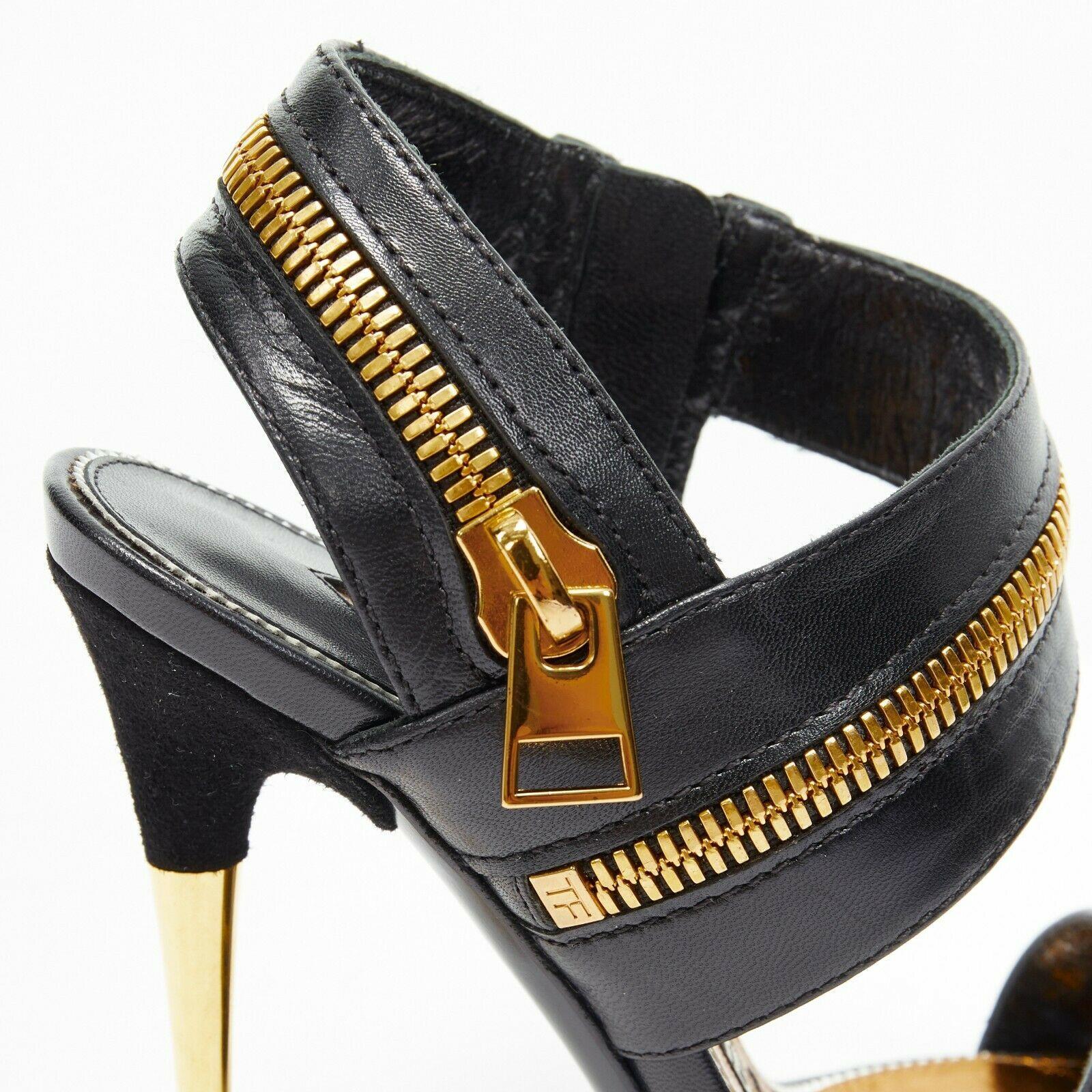 new TOM FORD black gold XL zipper design dual strap metal pin heel sandal EU36 1