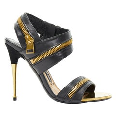 new TOM FORD black gold XL zipper design dual strap metal pin heel sandal EU36