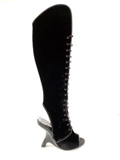 New TOM FORD Black Velvet Lace-Up Over-the-Knee Boots with Open toe 36.5 - 6.5