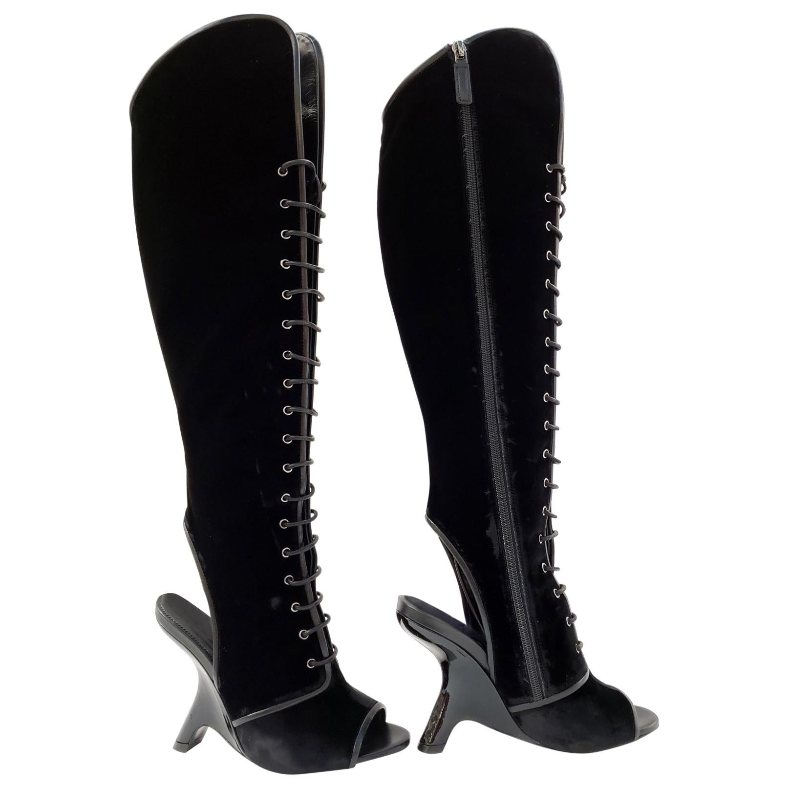 New TOM FORD Black Velvet Lace-Up Over-the-Knee Boots with Open toe 36.5 - 6.5 For Sale