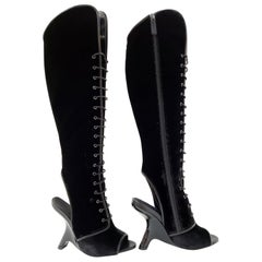 New TOM FORD Black Velvet Lace-Up Over-the-Knee Boots with Open toe 36.5 - 6.5