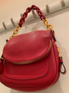 New Tom Ford Crimson Textured Leather Saddlebag-Style Shoulder Bag W/ Gold Chain