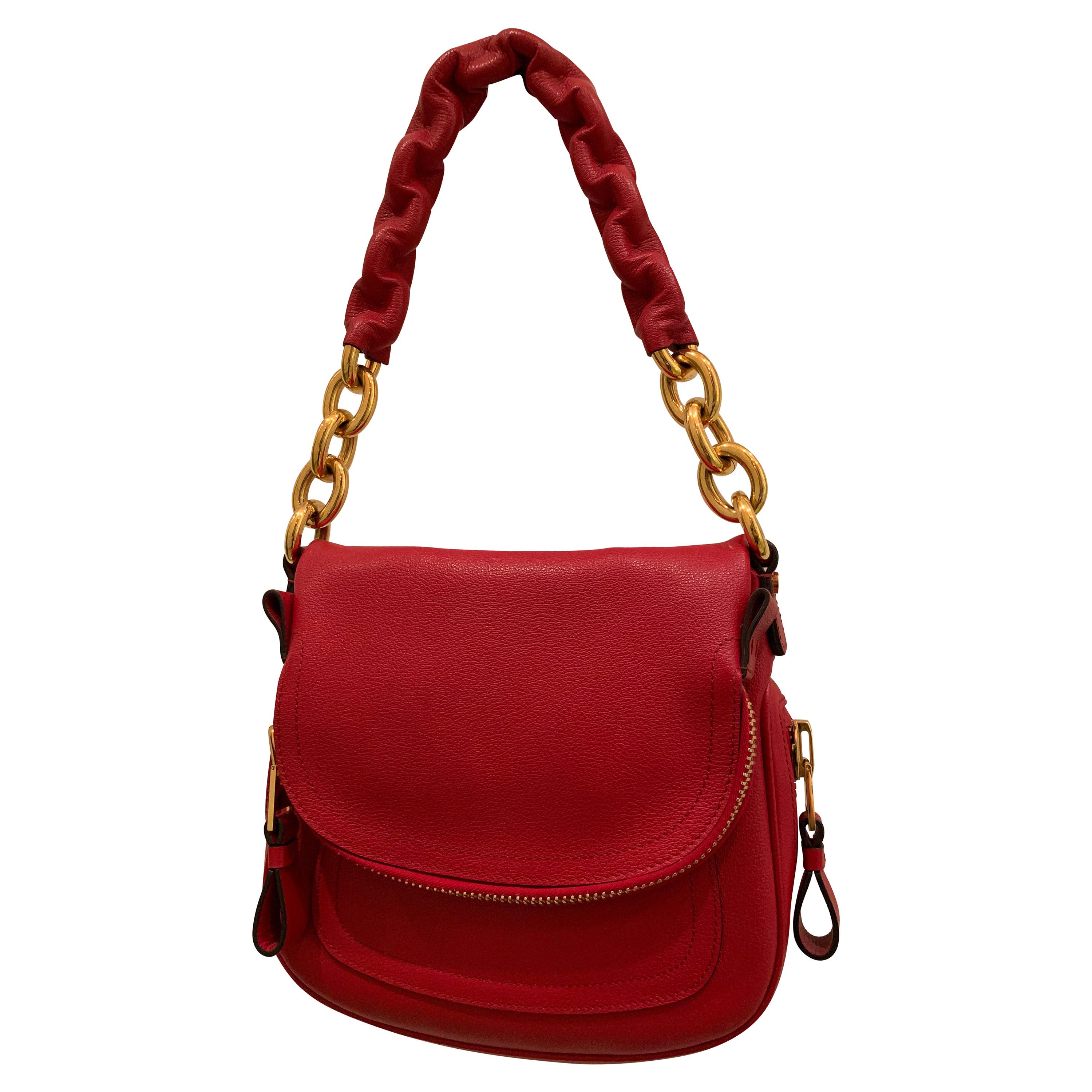 New Tom Ford Crimson Textured Leather Saddlebag-Style Shoulder Bag W/ Gold Chain
