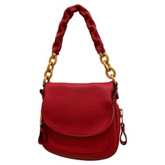 Used New Tom Ford Crimson Textured Leather Saddlebag-Style Shoulder Bag W/ Gold Chain