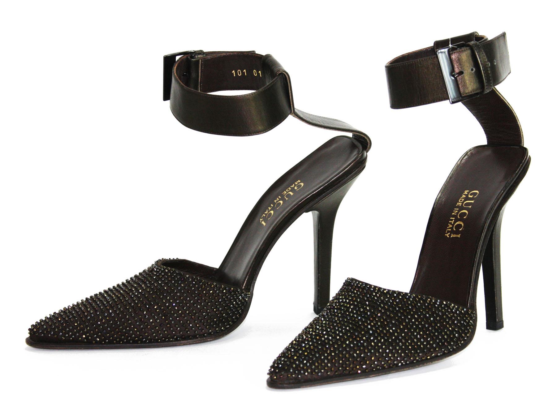 Black New Tom Ford for Gucci 1997 Collection Beaded Ankle-Strap Shoes 38.5 C - US 8.5  For Sale
