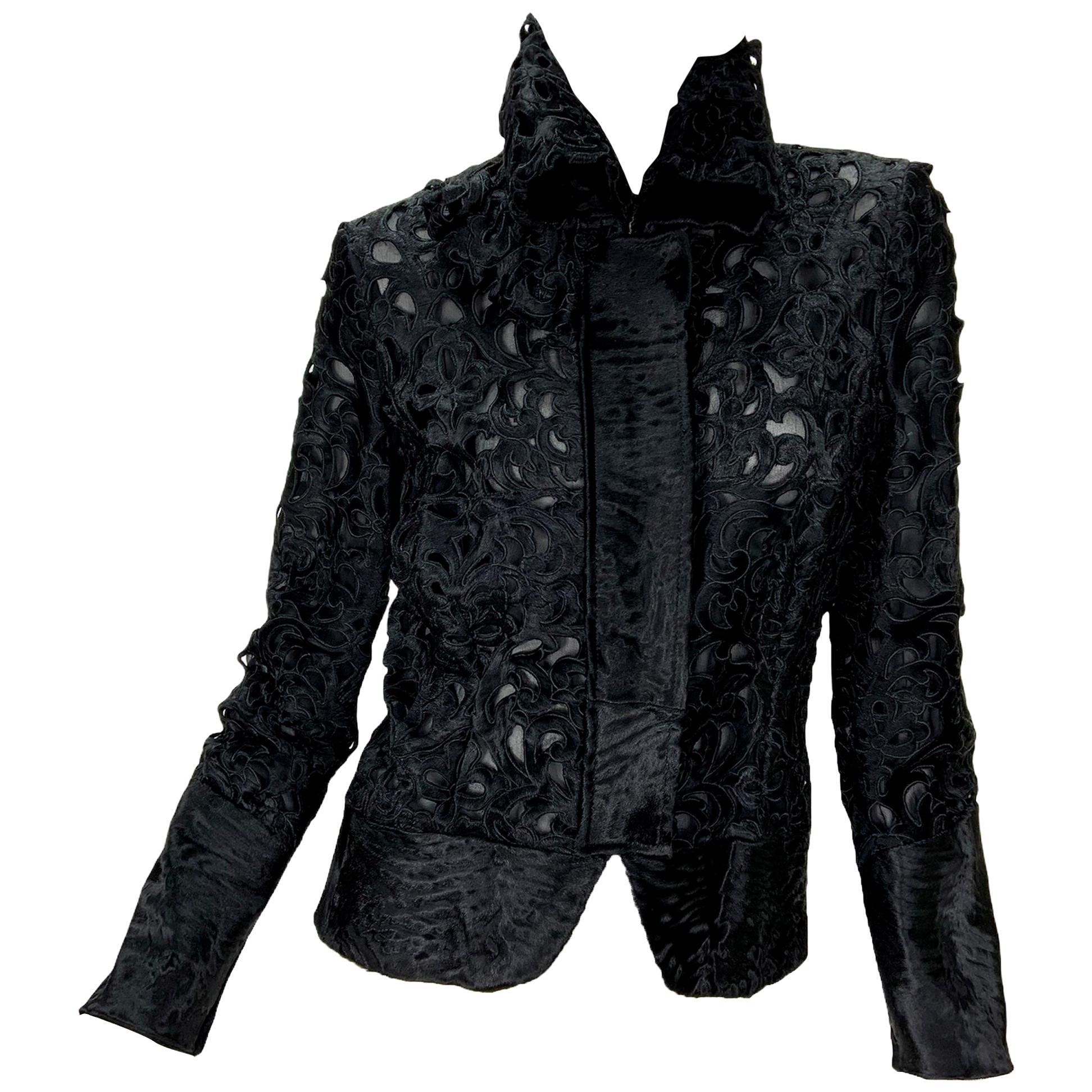 New Tom Ford for Gucci 2004 Collection Black Lamb Fur Laser Cut Jacket 42 - US 6 For Sale