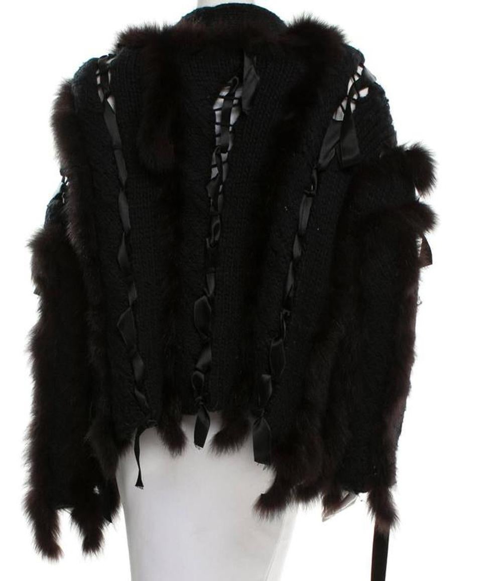 New TOM FORD for GUCCI Black Wool Sweater Cardigan w/Ribbons and Fox Fur size S In New Condition In Montgomery, TX