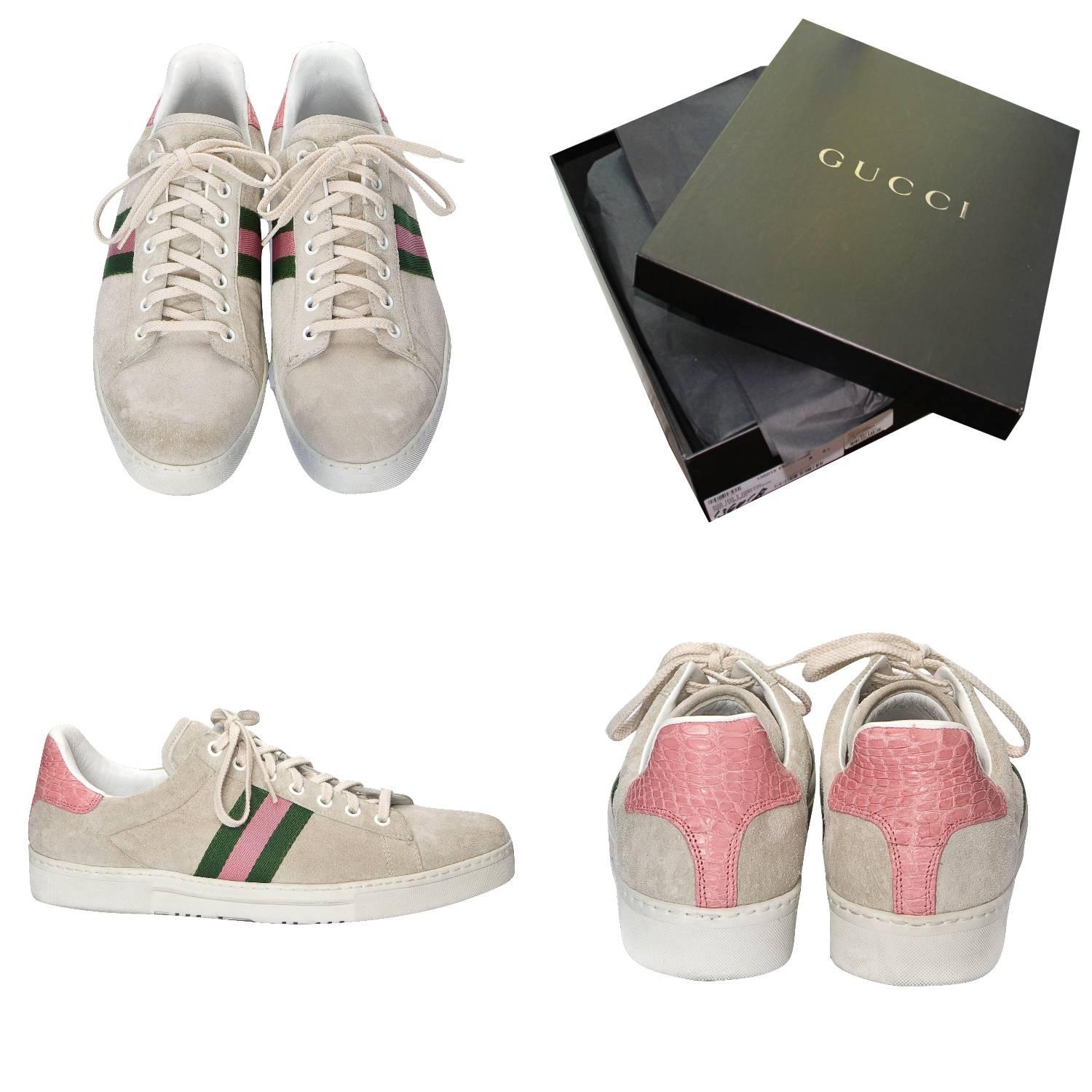 Tom Ford for Gucci Suede Sneakers
Own a Piece of Fashion History
Brand New
Leather Insole
U.S. Size: 9.5
Tan Brushed Suede
Pink Crocodile Heel
Pink & Green Stripes
Leather Sole 
Comes with Box & Dust Cover
Impossible to Find New!

PLEASE NOTE: 