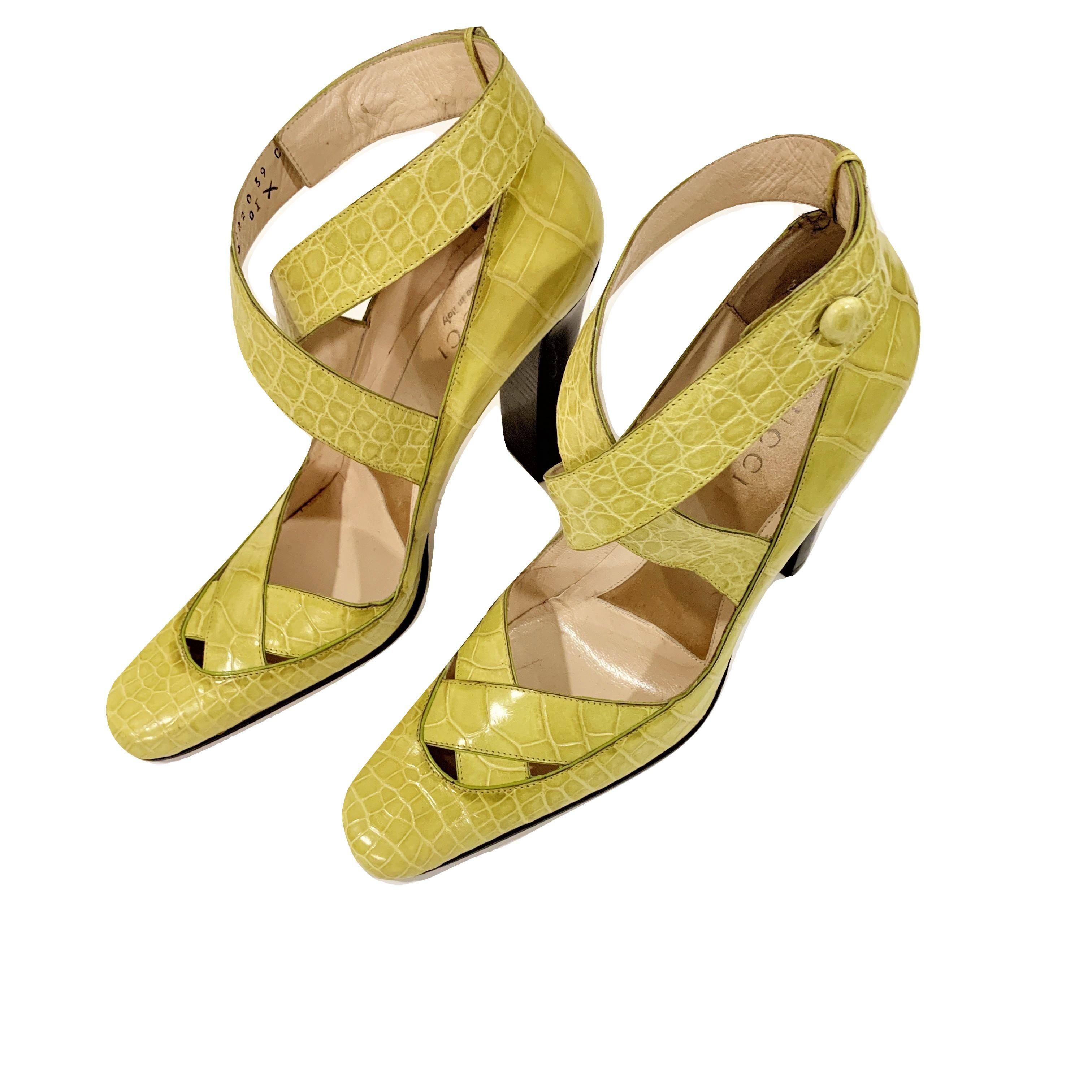 New Tom Ford for Gucci Crocodile Ballerina Heels Pumps in Light Chartreuse Sz 39 5