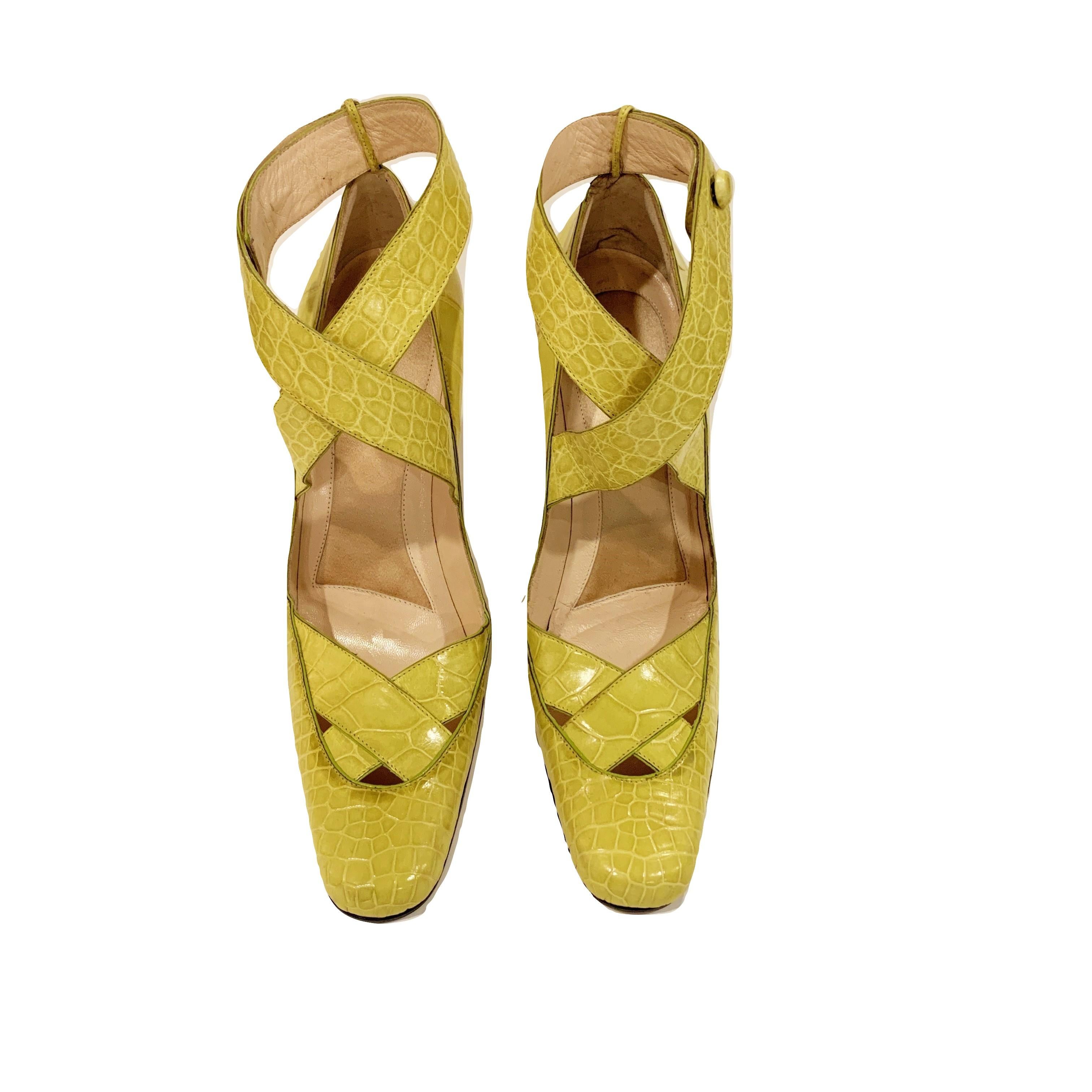 New Tom Ford for Gucci Crocodile Ballerina Heels Pumps in Light Chartreuse Sz 39 9
