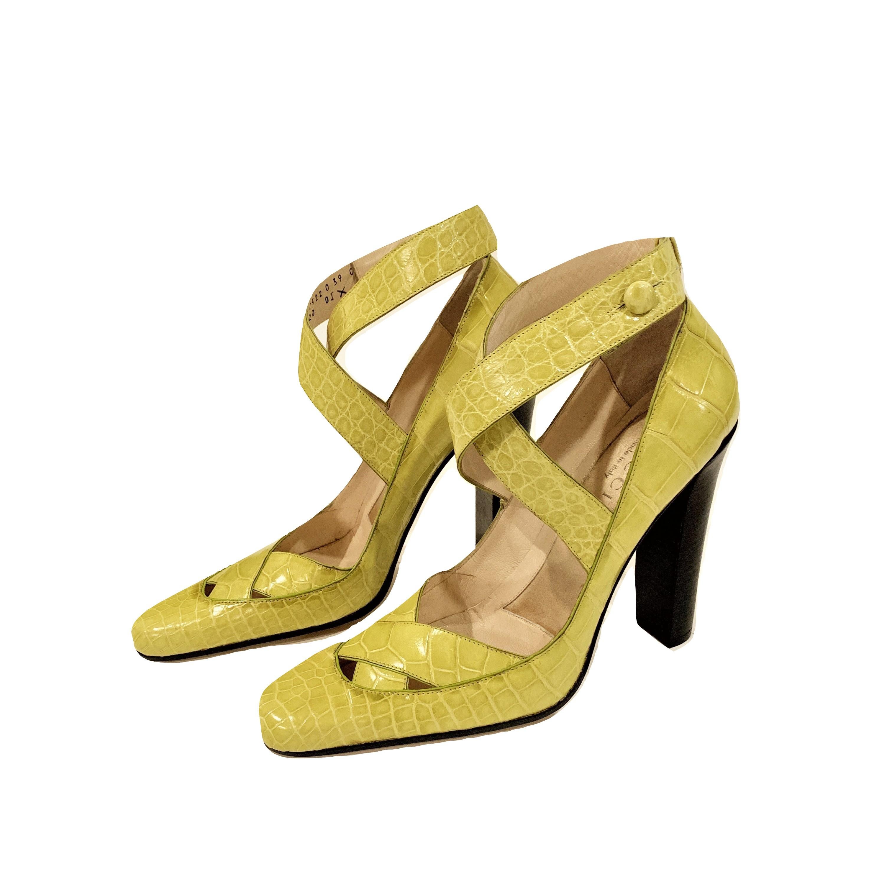 New Tom Ford for Gucci Crocodile Ballerina Heels Pumps in Light Chartreuse Sz 39 1