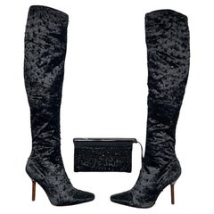 New Tom Ford for Gucci FW 1999 Velvet Onyx Beaded Knee Boots & Clutch 37 & 37.5