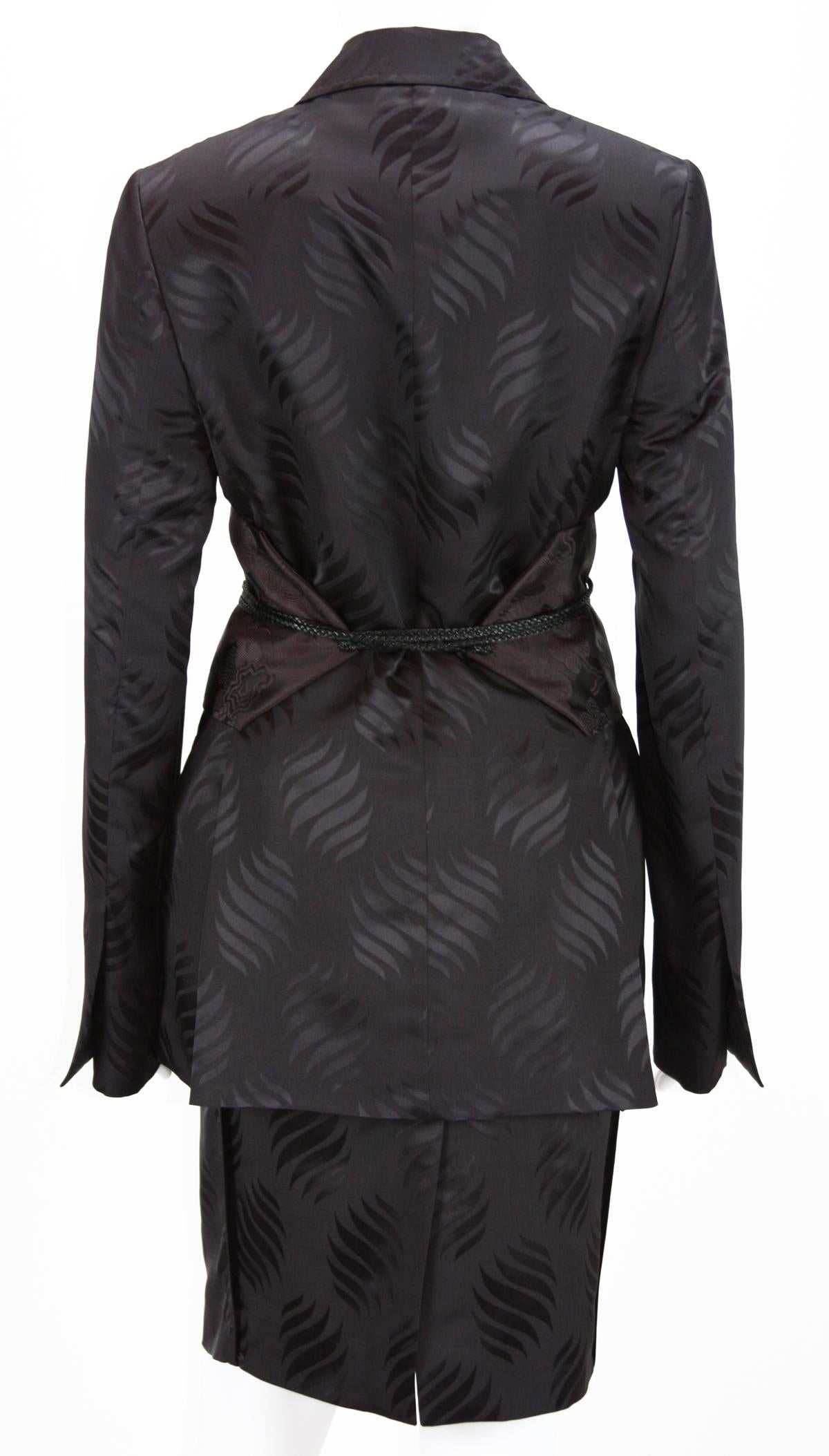 Black New Tom Ford for Gucci F/W 2002 Brown Silk Kimono Skirt Suit Obi Belt 42 - US 6