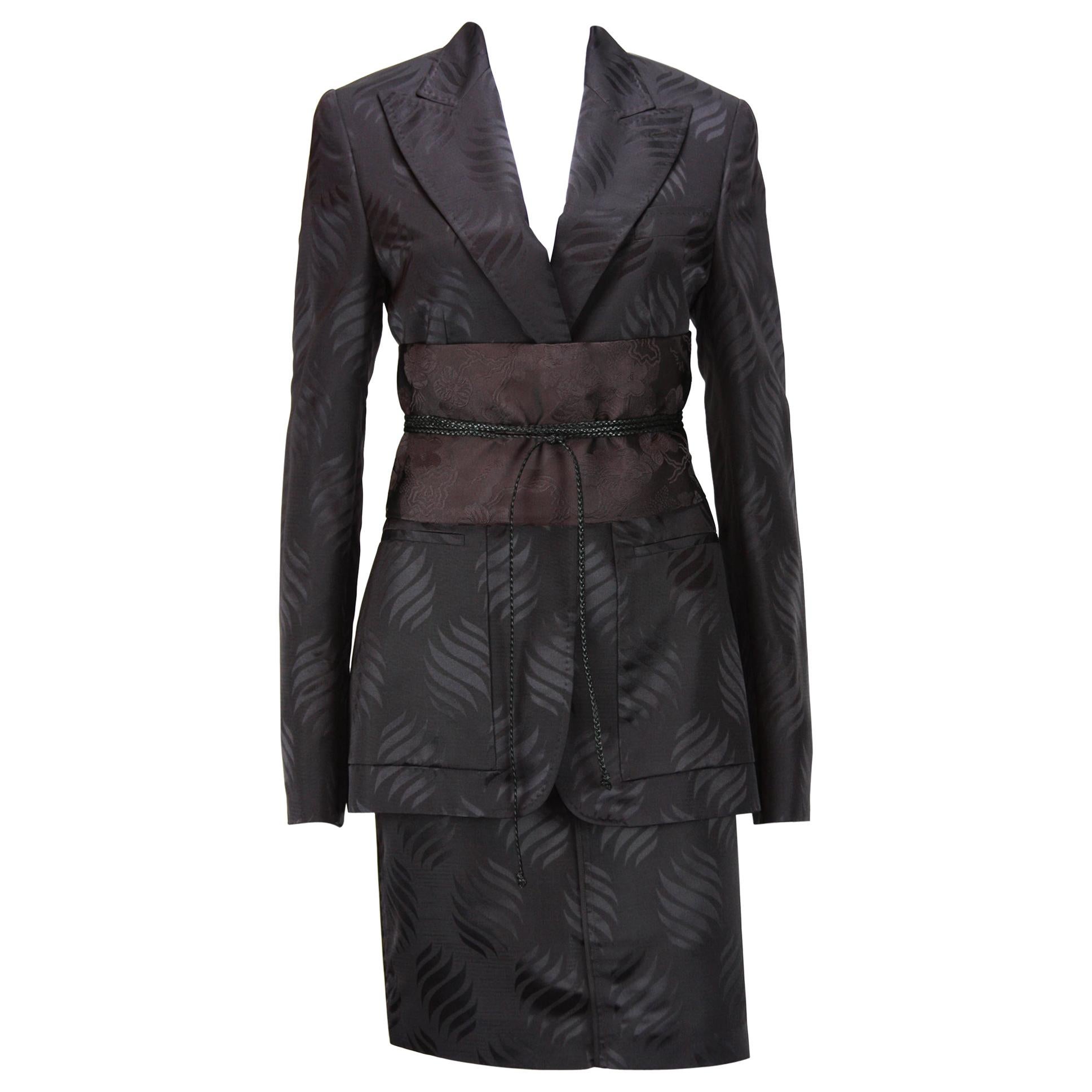 New Tom Ford for Gucci F/W 2002 Brown Silk Kimono Skirt Suit Obi Belt 42 - US 6
