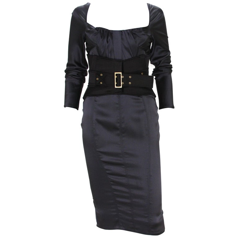 white christmas dresses Black jersey hooded dress with a metal visible corset belt
