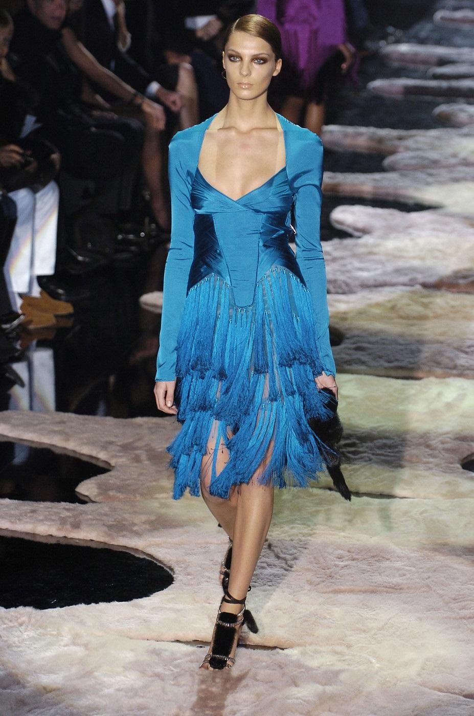 New Tom Ford for Gucci Runway Caribbean Blue Fringe Tassel Dress
F/W 2004 Runway Collection
The Most Seductive and Romantic Dress Ever!
Designer size 38 - US 2
Bustier Style, 80% Silk , 15% Nylon, 5% Spandex., Side Zip Closure, Sleeve Zip Closure,