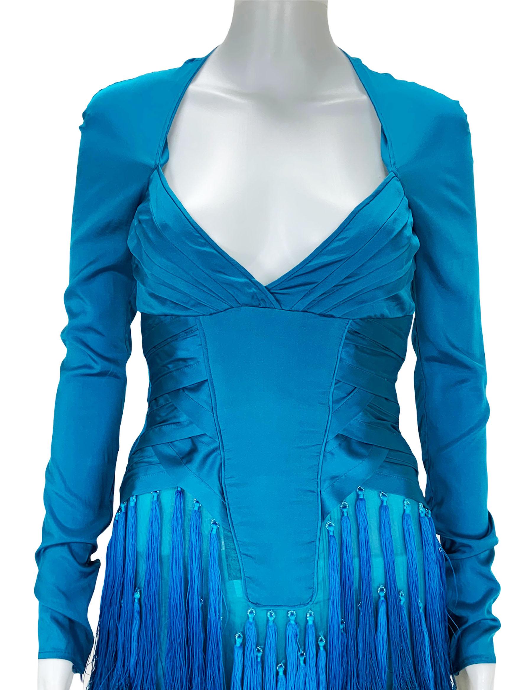 New Tom Ford for Gucci F/W 2004 Runway Caribbean Blue Fringe Dress Italian 38 In New Condition For Sale In Montgomery, TX