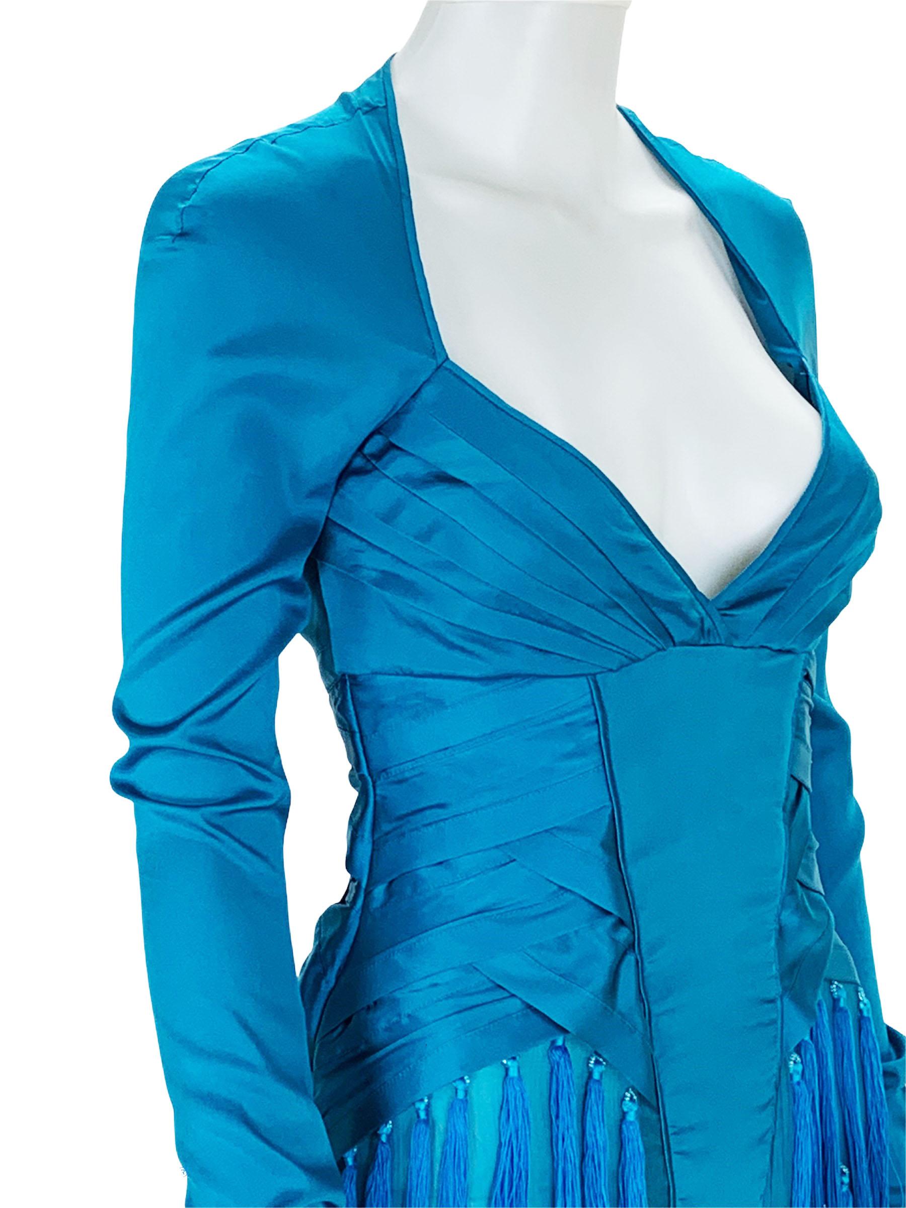 Women's New Tom Ford for Gucci F/W 2004 Runway Caribbean Blue Fringe Dress Italian 38 For Sale