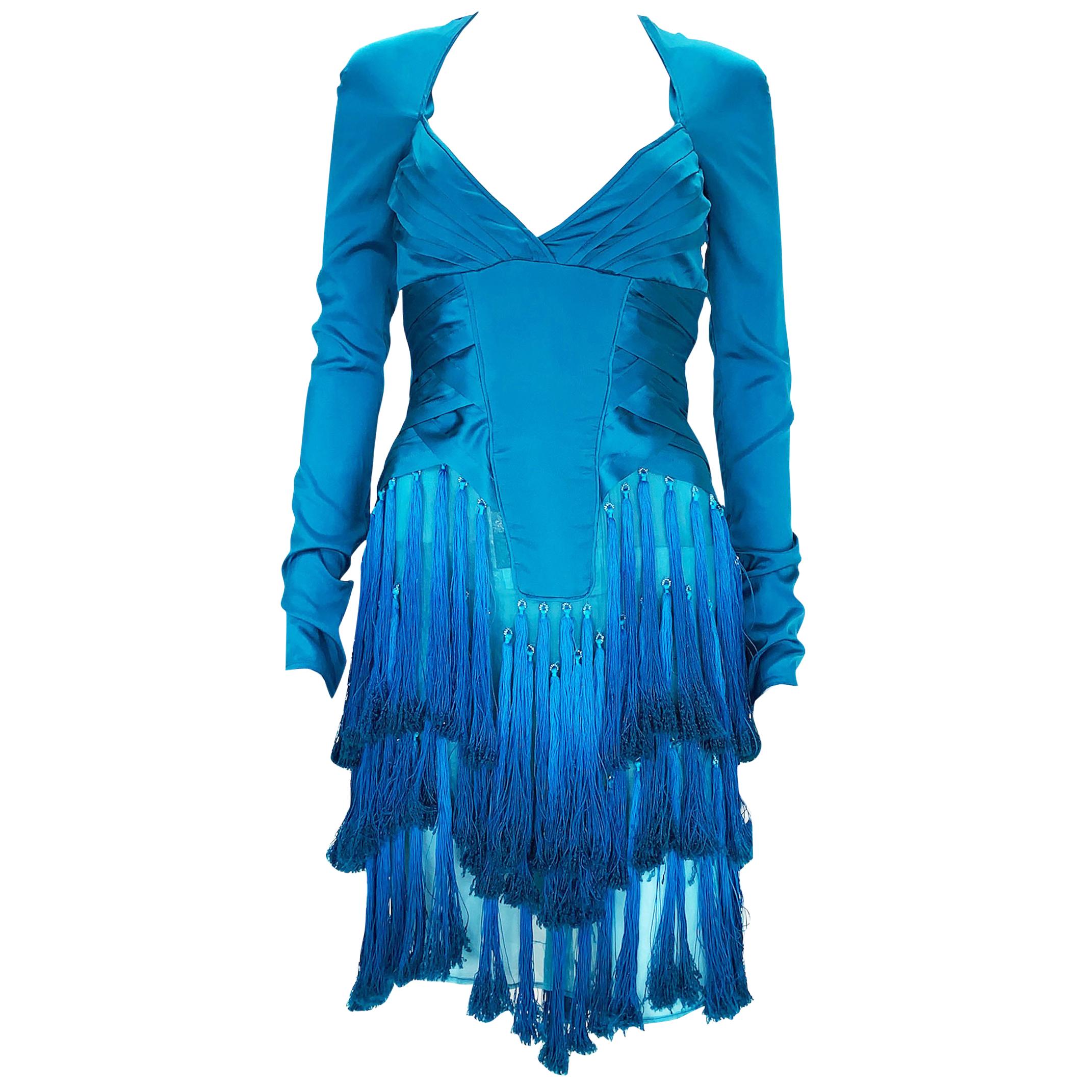 New Tom Ford for Gucci F/W 2004 Runway Caribbean Blue Fringe Dress Italian 38 For Sale