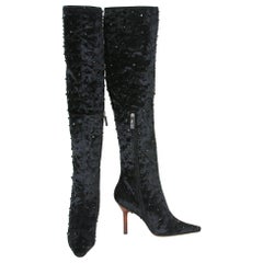 New Tom Ford for Gucci FW 1999 Black Onyx Embellished Velvet Knee Boots 38 US 8