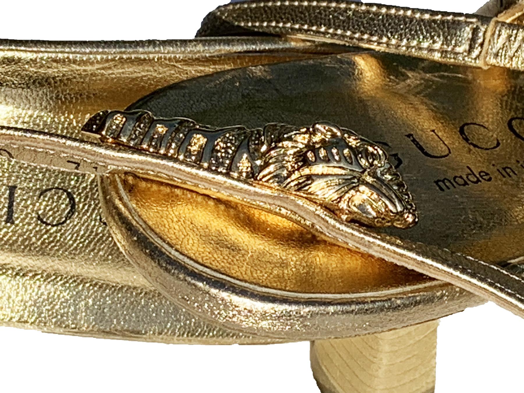 Women's New Tom Ford for Gucci FW 2000 Gold Leather Tiger Heat Sandals Shoes 37.5 US 7.5 For Sale