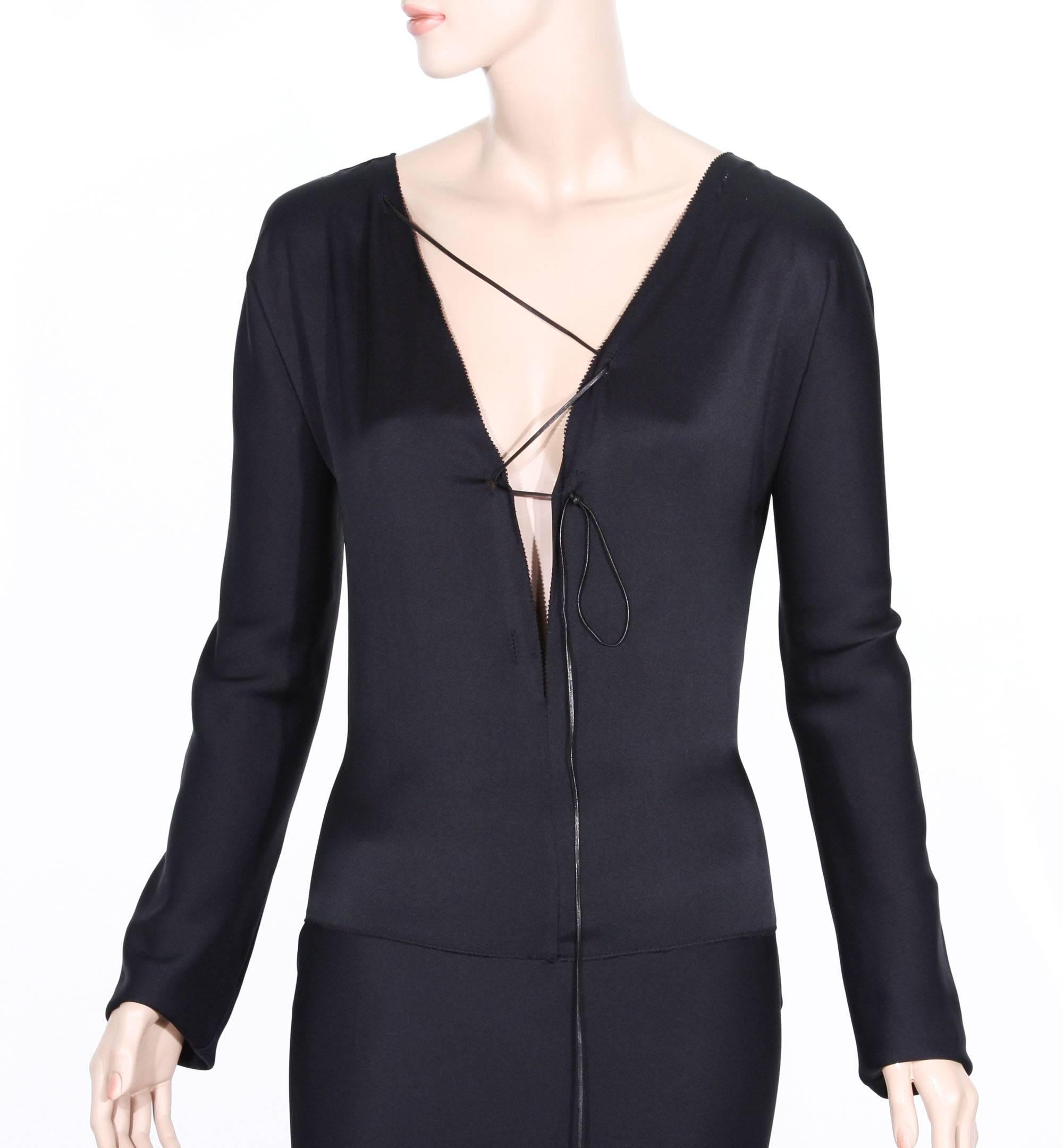 New Tom Ford for Gucci F/W 2002 Black Silk Gown with Leather Tie It. 44 For Sale 2