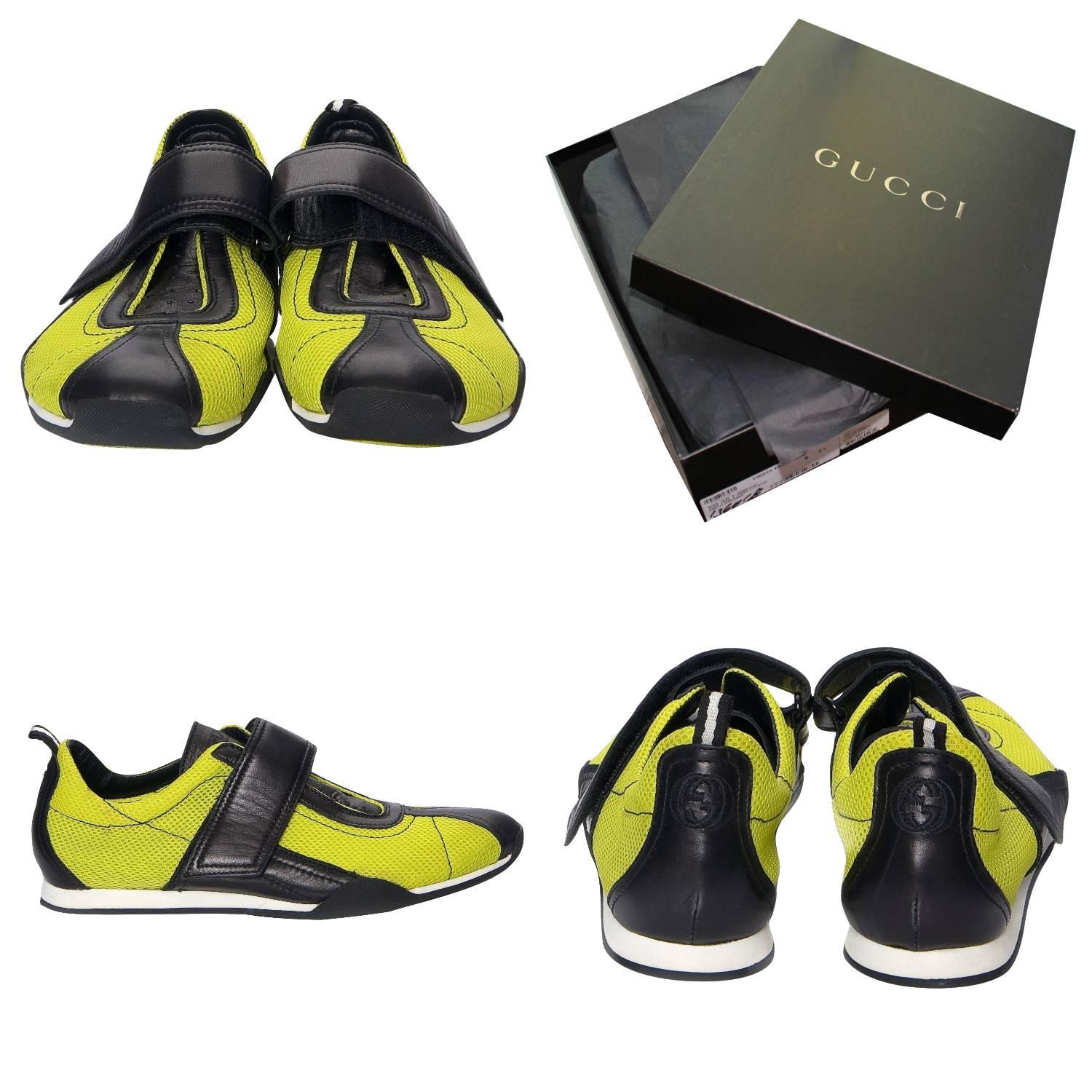 Gucci Mesh Leather Sneakers
Brand New
Leather Insole
Lime Green Mesh 
U.S. Size: 7.5
Leather Velcro Closure
GG logo on Back
Leather Accents 
Comes with Box & Dust Cover
Tom Ford Era!