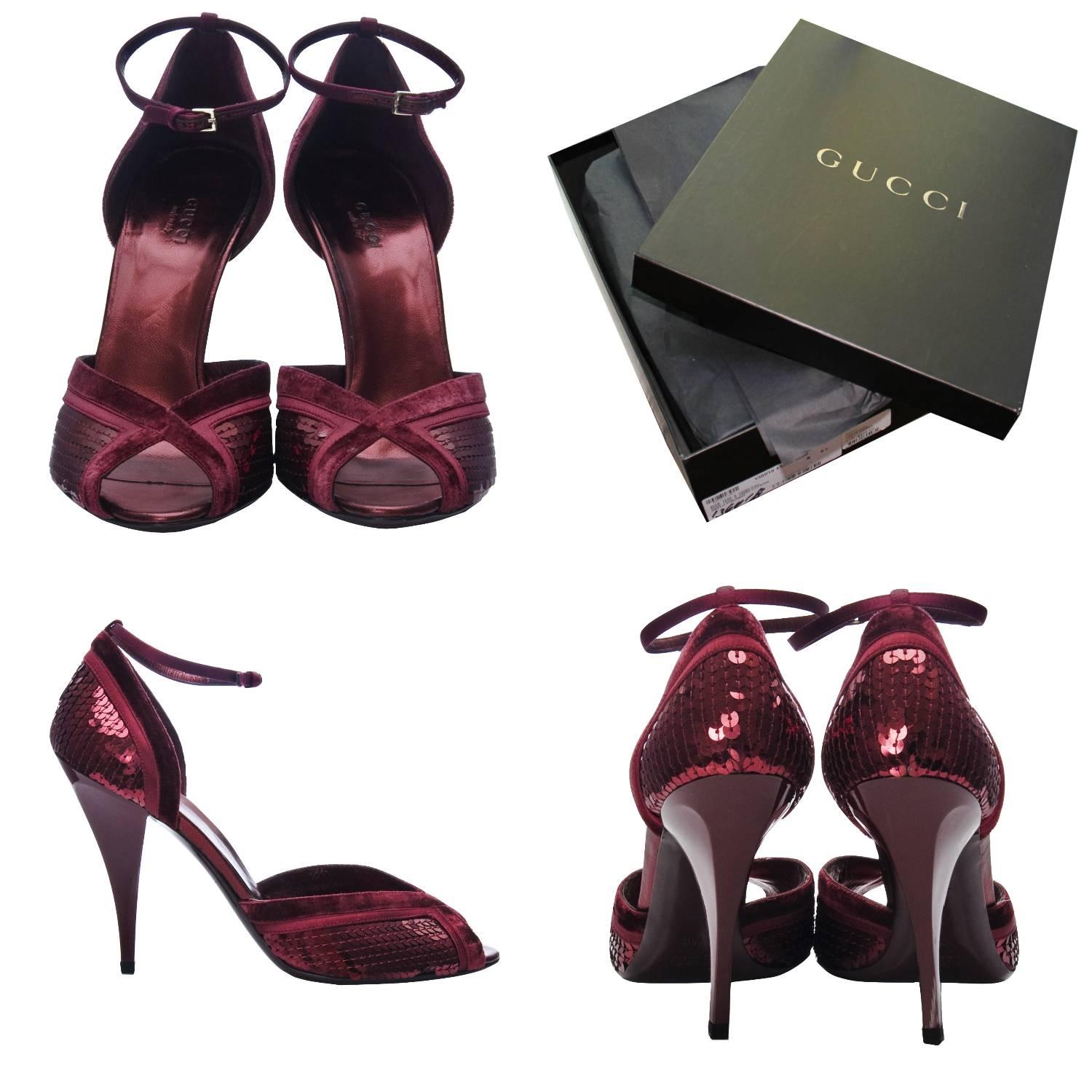 Tom Ford for Gucci Heels
Brand New
Tom Ford's Final Years w/ Gucci
Stunning in Red Wine
U.S. Size: 6
Satin Adjustable Ankle Strap
Gold Gucci Hardware
Red Velvet & Sequins
Red Leather Insole
4.25