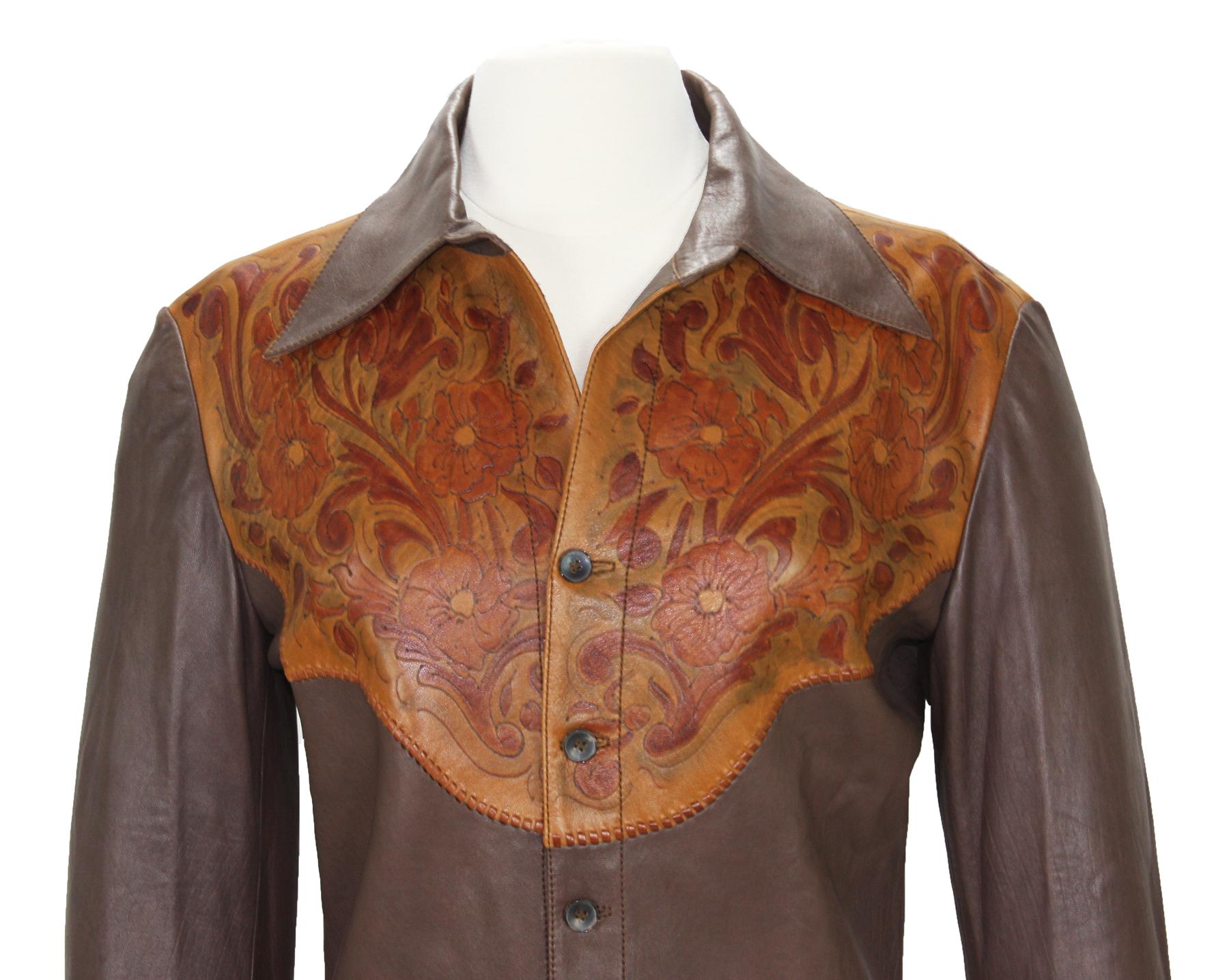 Brown New Tom Ford for Gucci Runway S/S 2004 Collection Western Leather Men's Shirt 48 For Sale