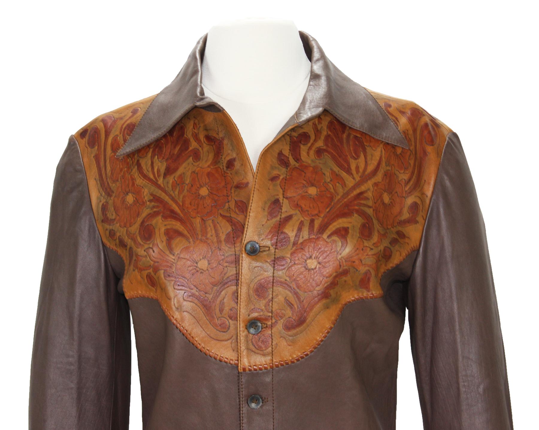 Brown New Tom Ford for Gucci Runway S/S 2004 Collection Western Leather Men's Shirt 48