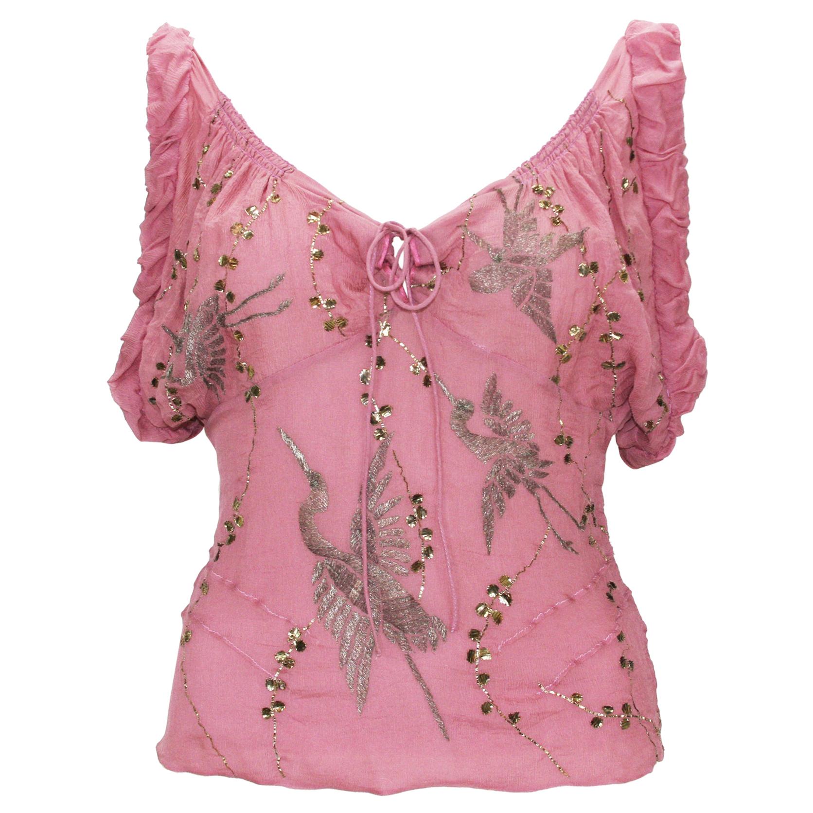 New Tom Ford for Gucci S/S 2003 Crane Bird Gold Embroidery Silk Top It 40 For Sale