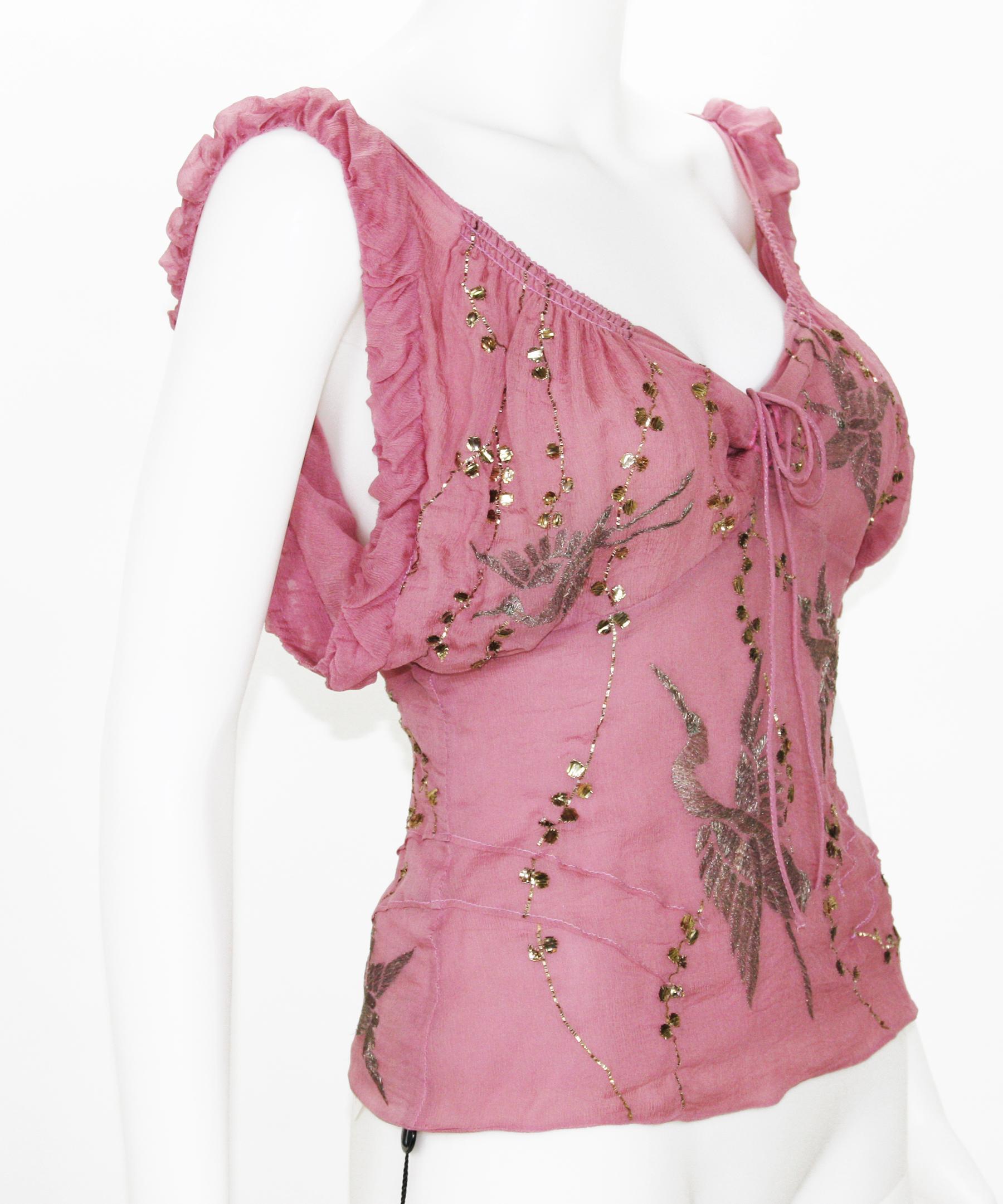 Super Rare - New Tom Ford for Gucci Silk Fully Embellished Top
S/S 2003 Collection
Italian size - 40
Color : Violet - Old Rose
100% Silk, Metallic Silver-Tone Threads Crane Bird Embroidery, Gold-Tone Sequins. 
Double Layered, Side Snaps