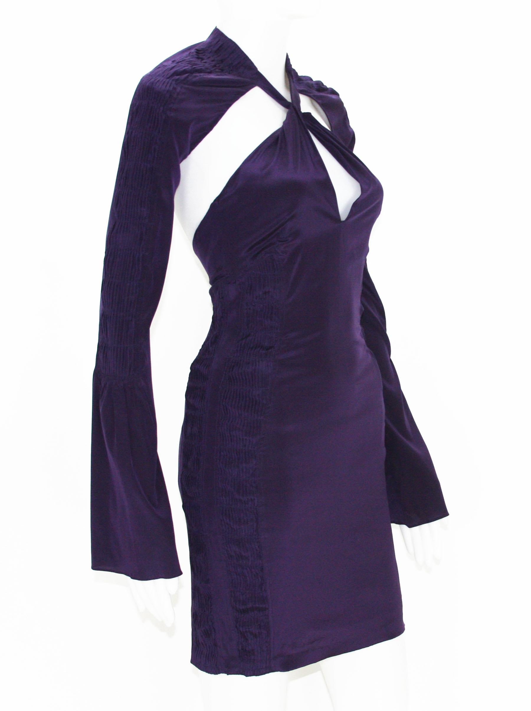 New Tom Ford for Gucci S/S 2004 Deep Purple Silk Plunging Backless Mini Dress 38